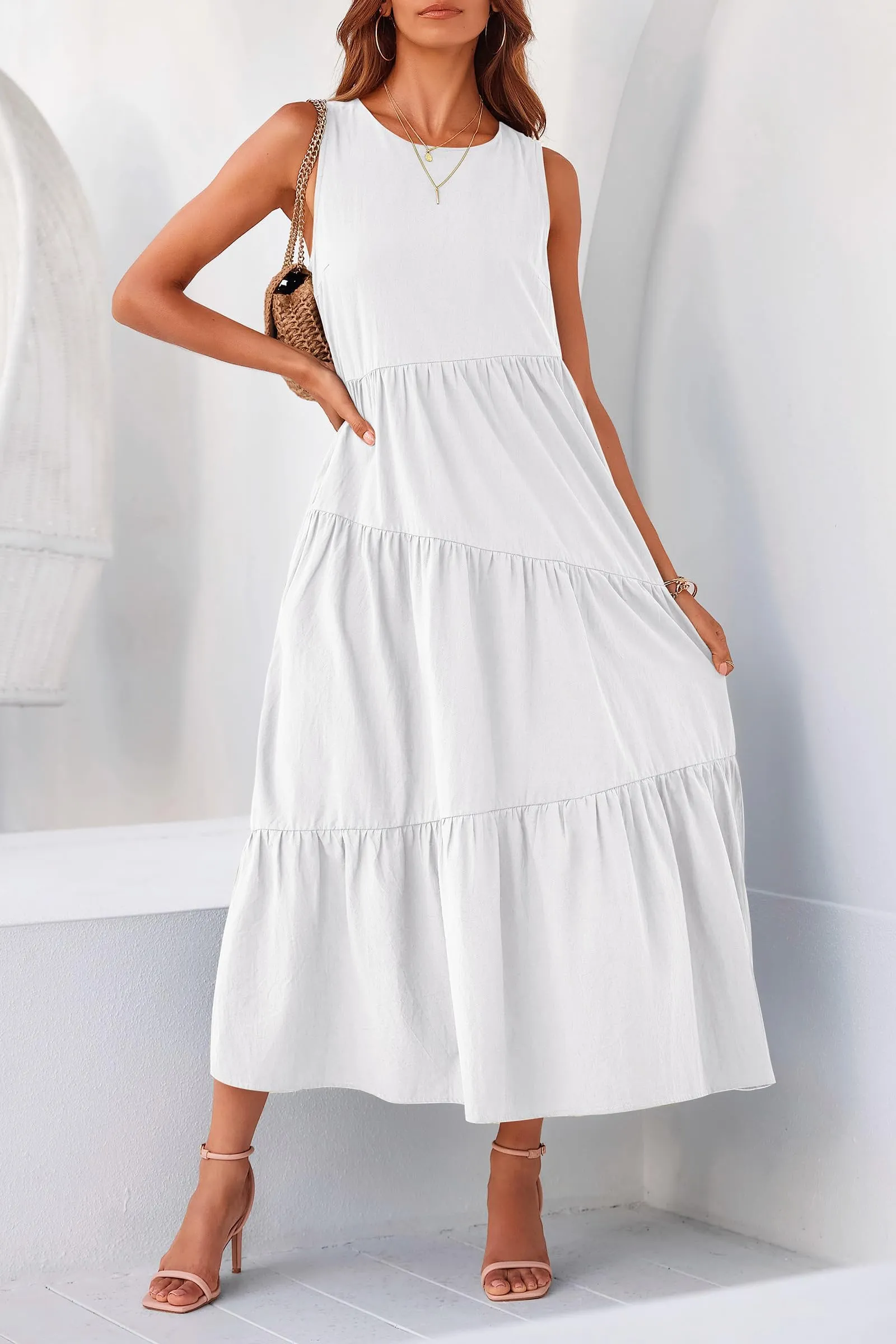 Casual Summer Sleeveless Long Flowy Tiered Midi Dress With Pockets