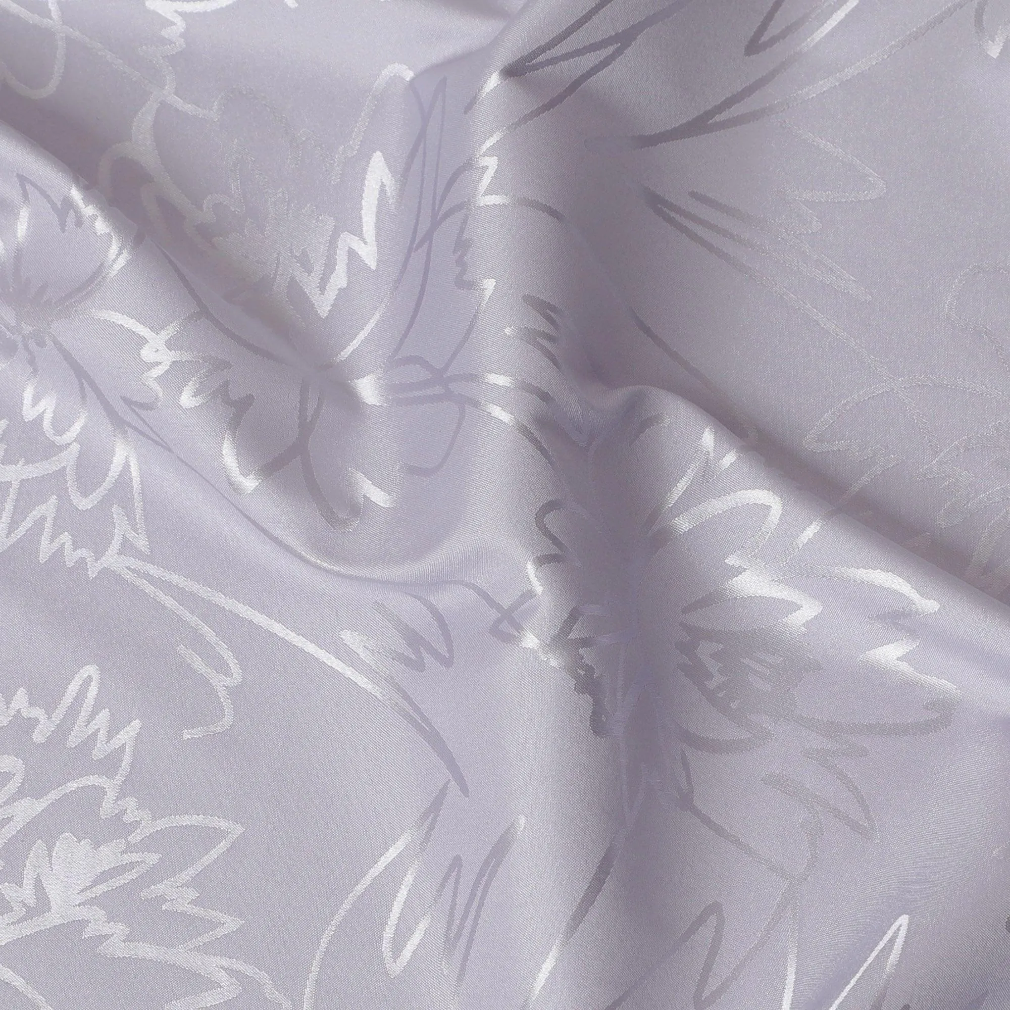 Cloud grey synthetic satin fabric with same tone jacquard in floral design-D15377