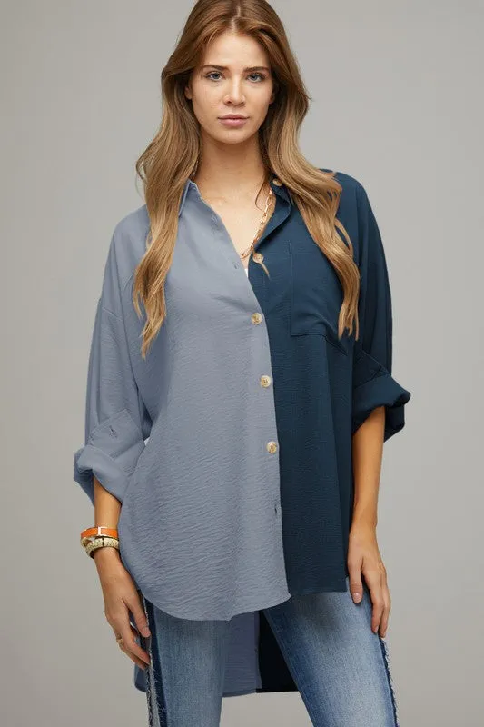 Color Block Button Down Shirt