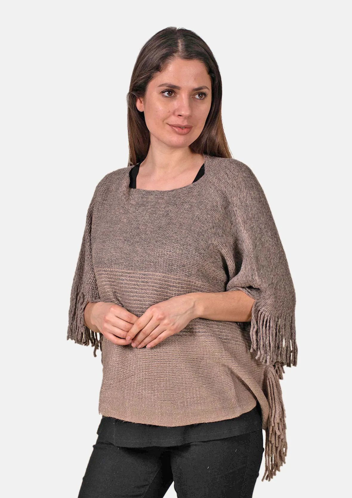 Colourblock Poncho With Fringe Trim