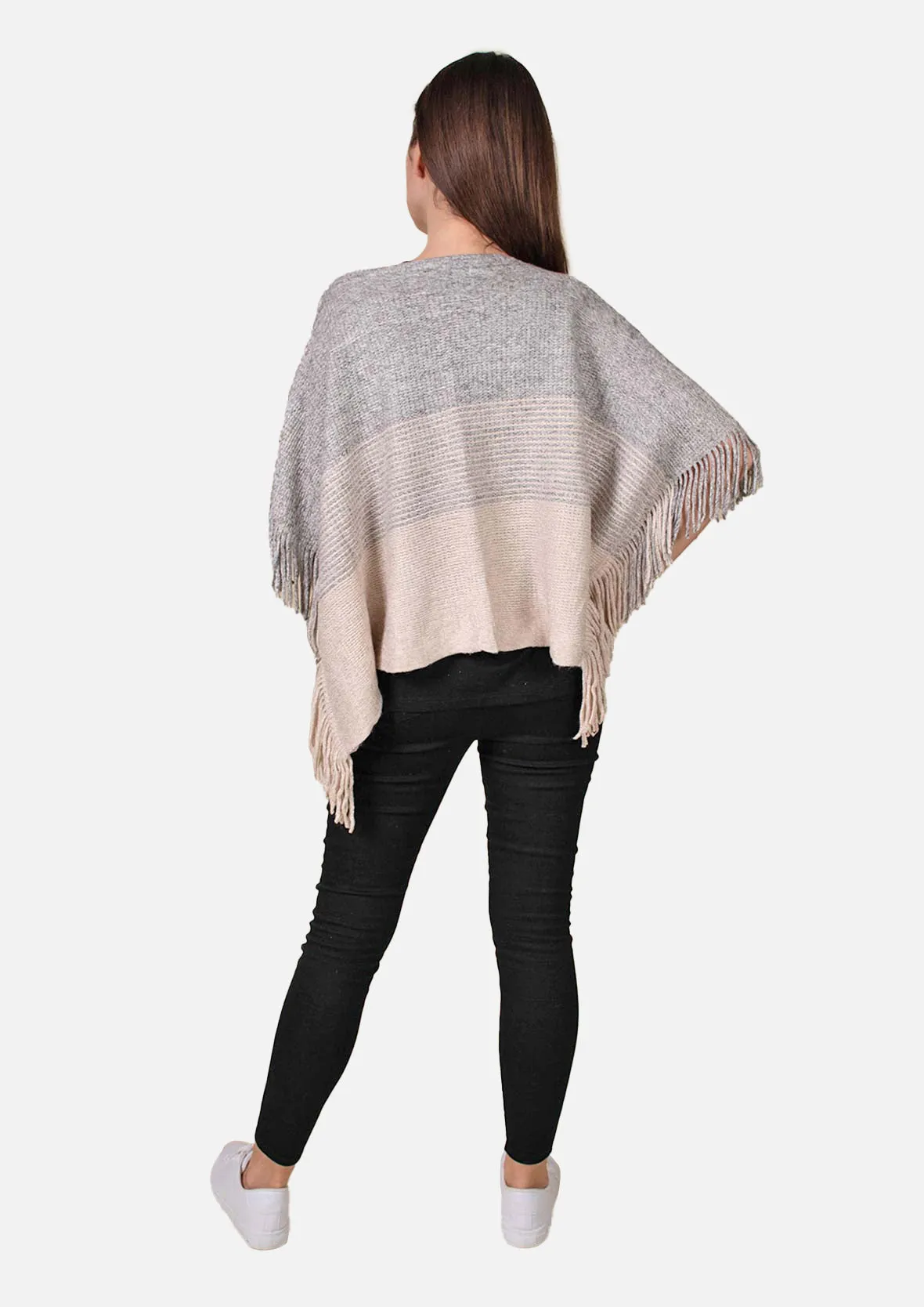 Colourblock Poncho With Fringe Trim