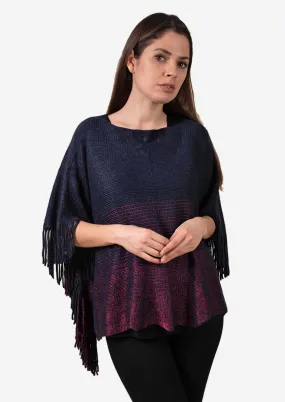 Colourblock Poncho With Fringe Trim