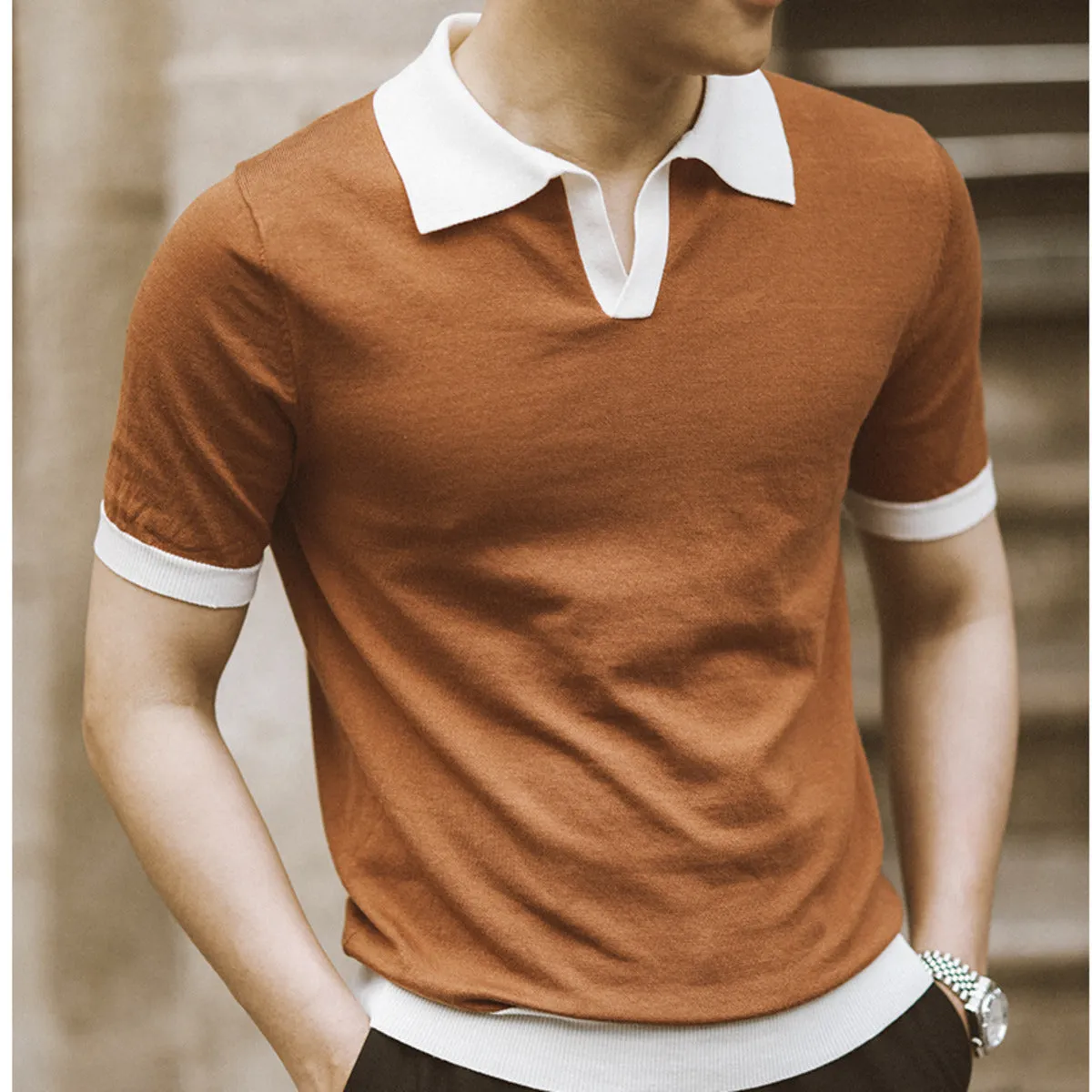 Contrast Color Short-Sleeved Viscose Polo Shirt