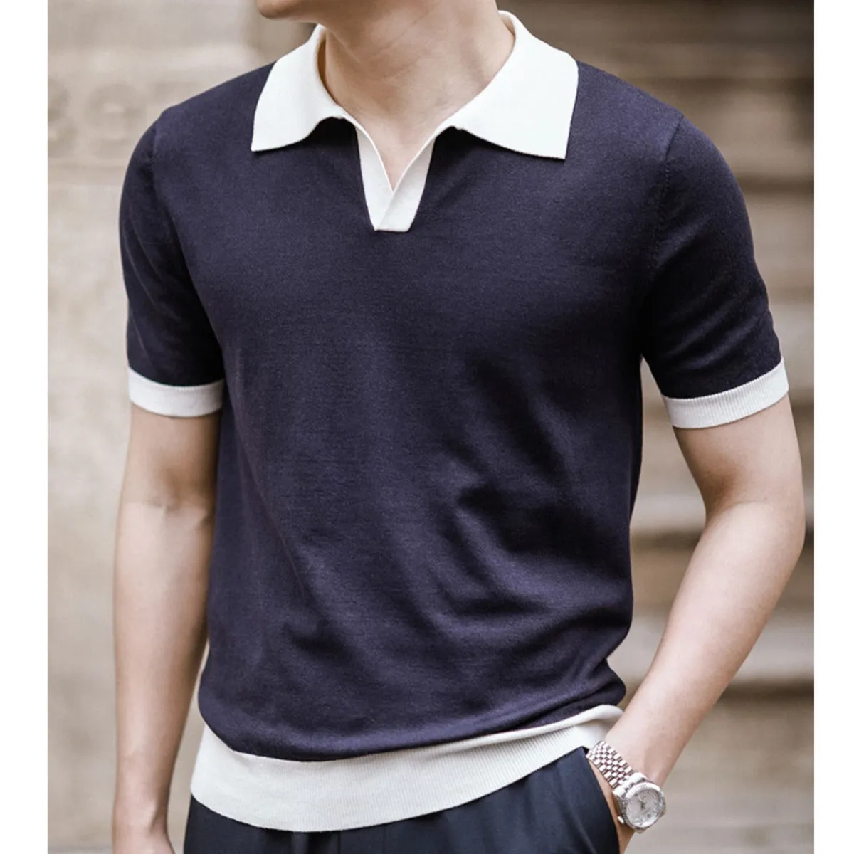 Contrast Color Short-Sleeved Viscose Polo Shirt