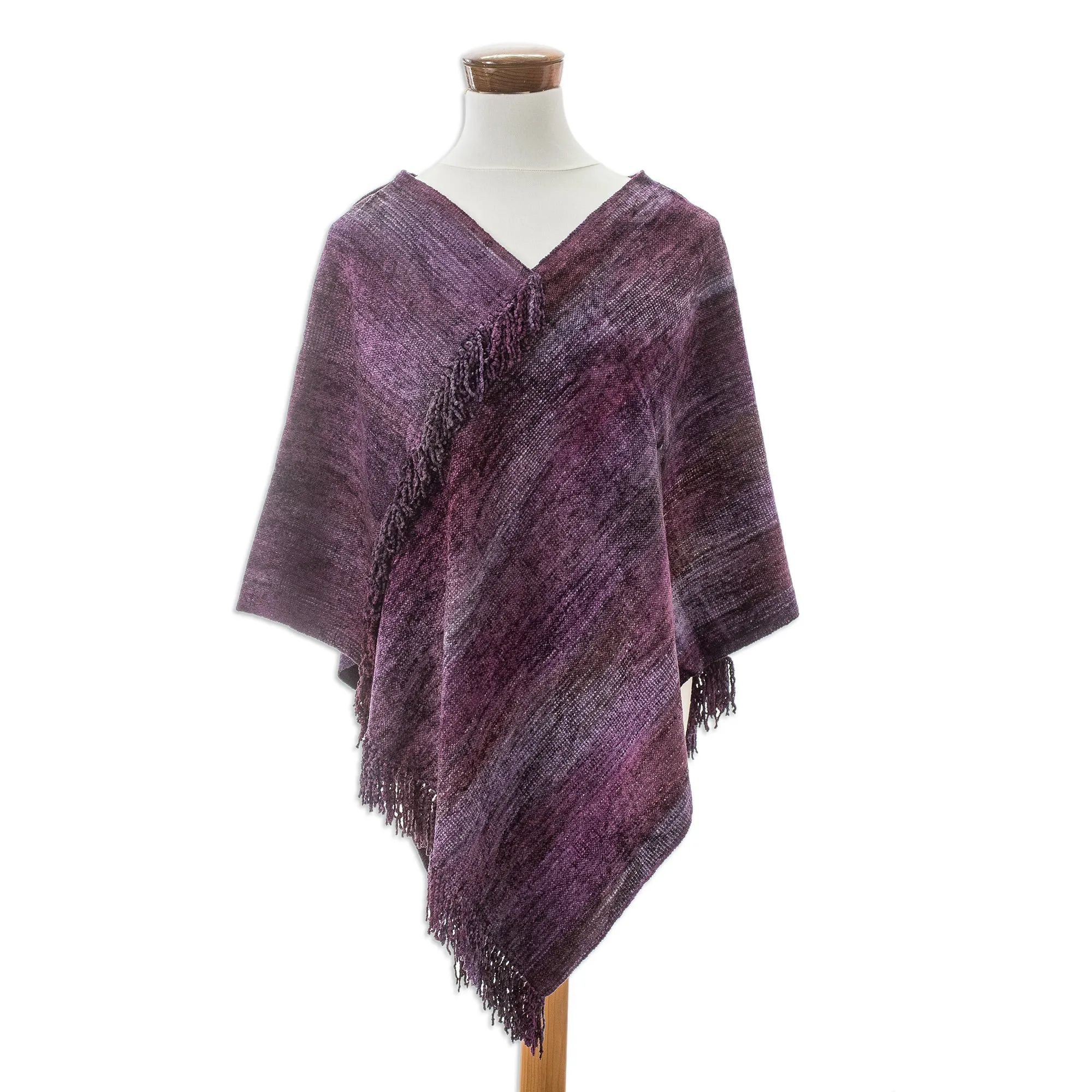 Cotton Blend Poncho in Purple Hues Handwoven in Guatemala - Primaveral Wine | NOVICA