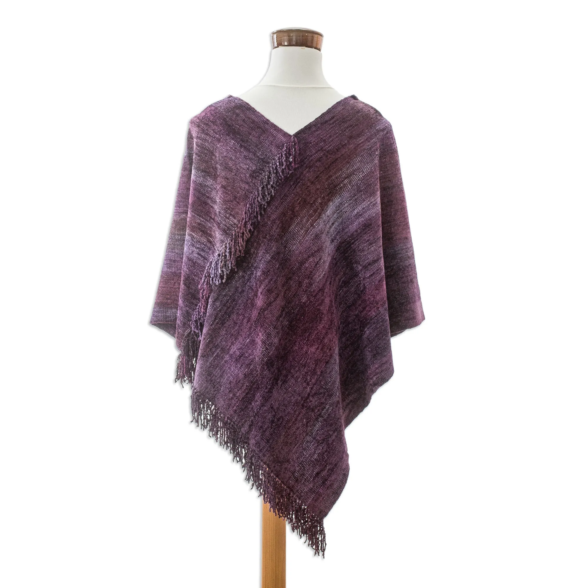 Cotton Blend Poncho in Purple Hues Handwoven in Guatemala - Primaveral Wine | NOVICA