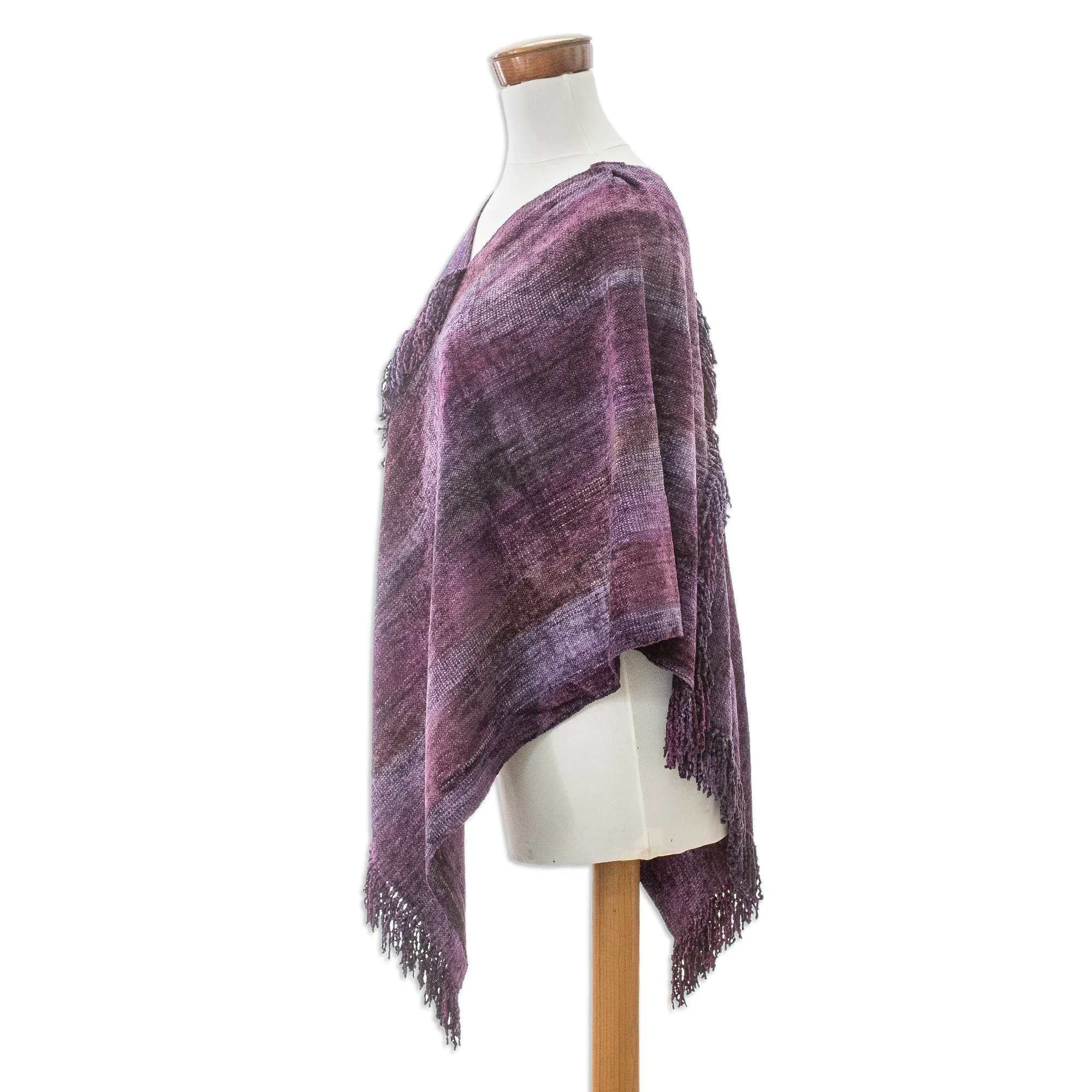 Cotton Blend Poncho in Purple Hues Handwoven in Guatemala - Primaveral Wine | NOVICA