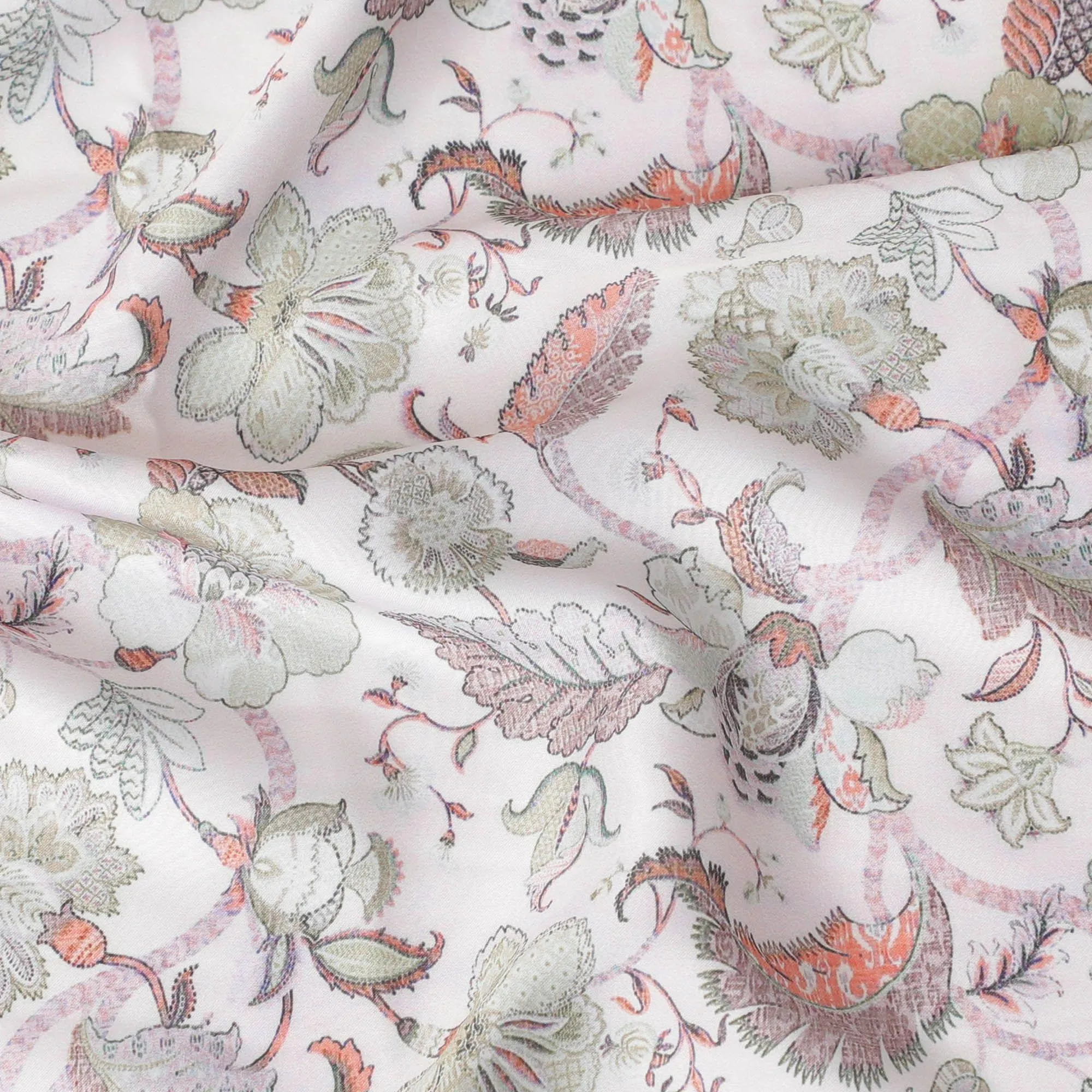 Cream synthetic modal satin fabric with multicolor print in floral design-D15013