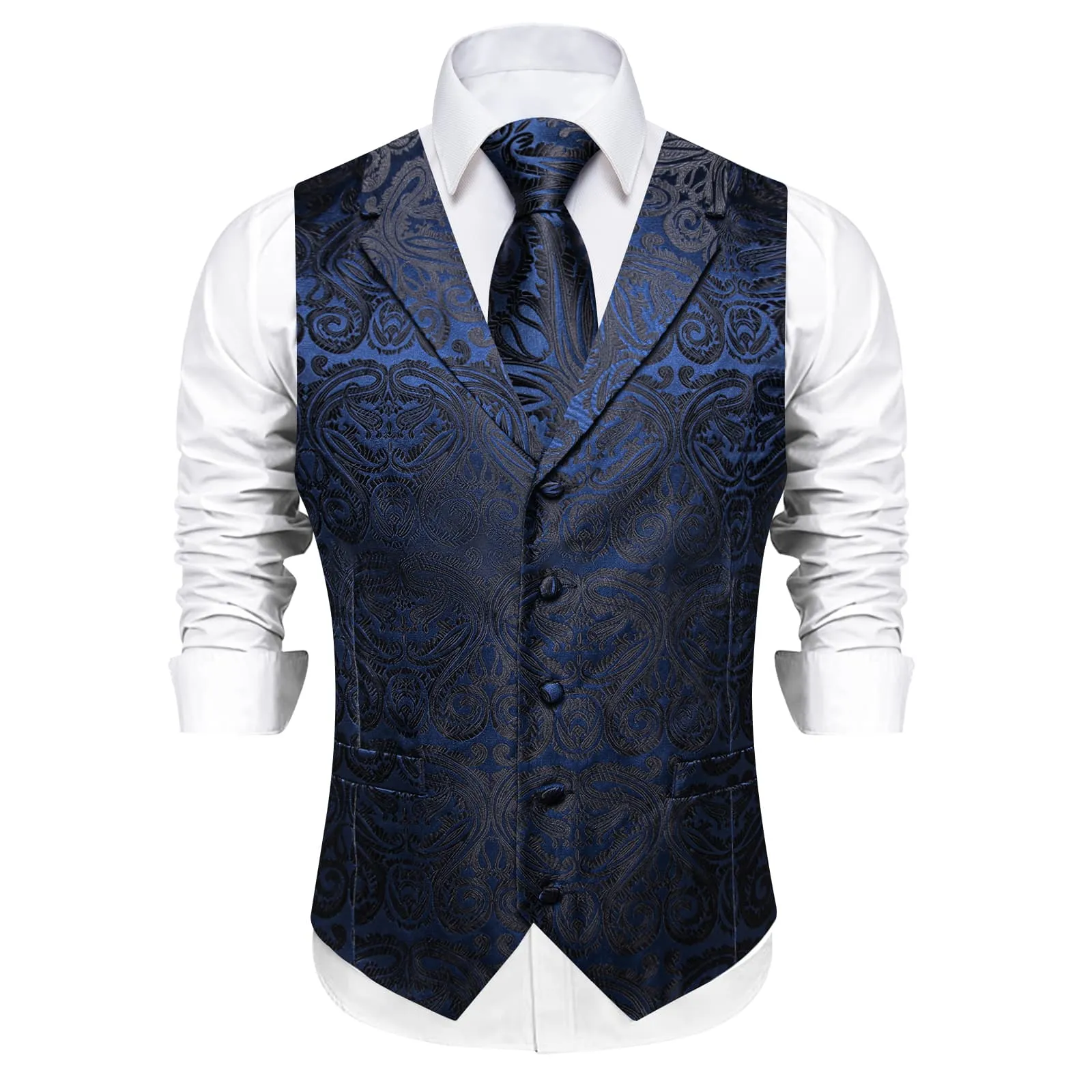 DiBanGu Deep Blue Black Paisley Notched Collar Silk Mens Dress Vest Tie Set