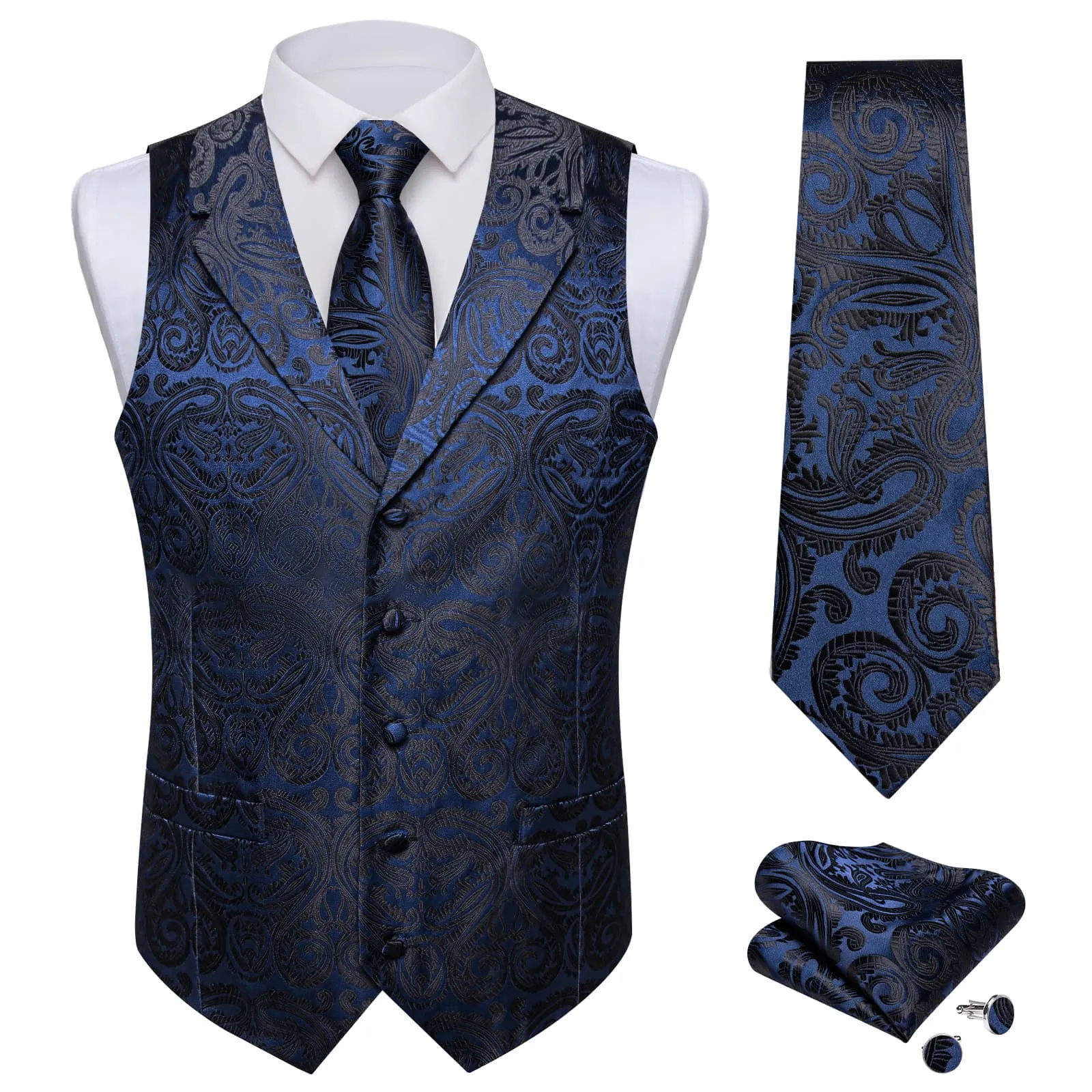 DiBanGu Deep Blue Black Paisley Notched Collar Silk Mens Dress Vest Tie Set