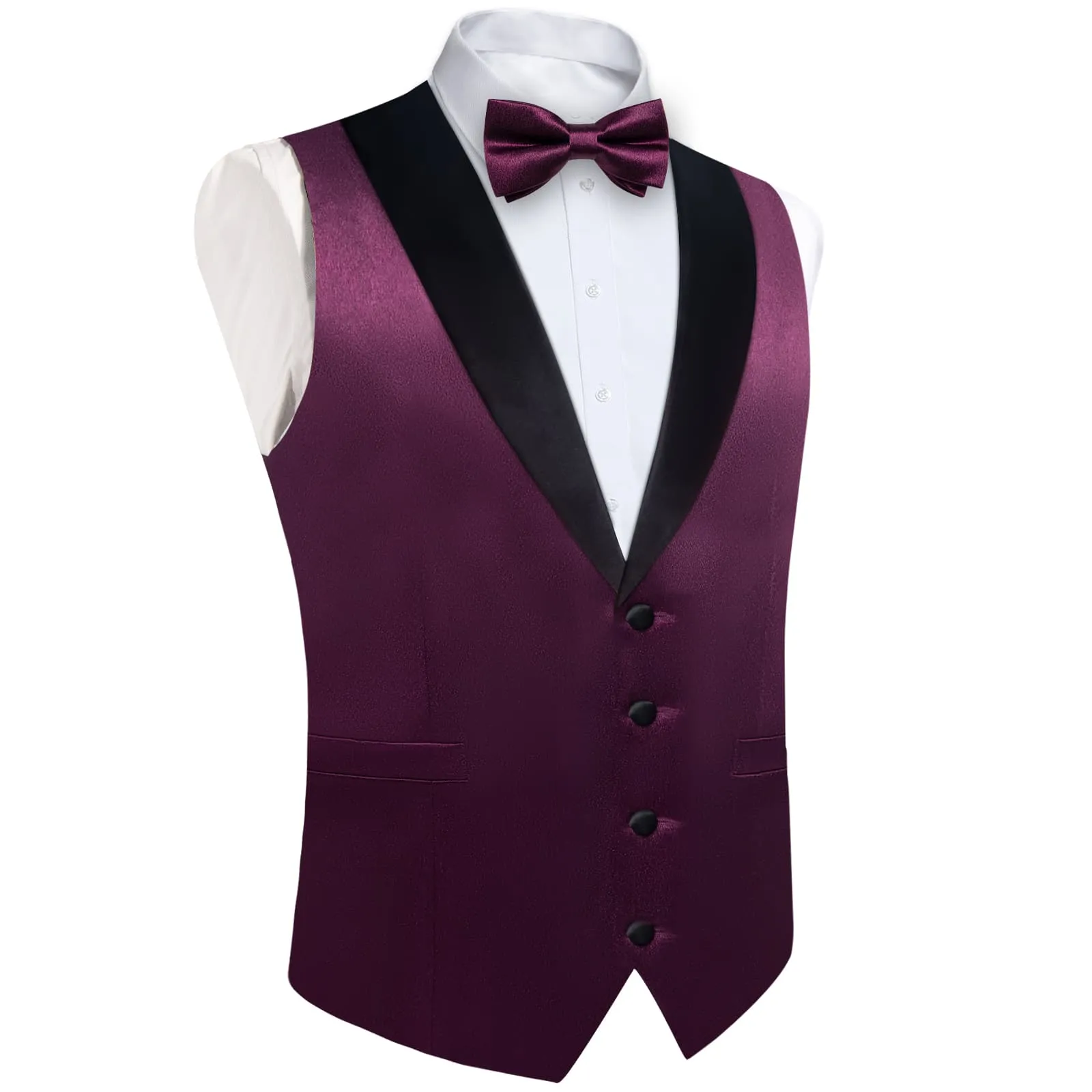 DiBanGu Tuxedo Vest Tyrian Purple Solid Silk Mens Button Up Vest and Bow Tie Set