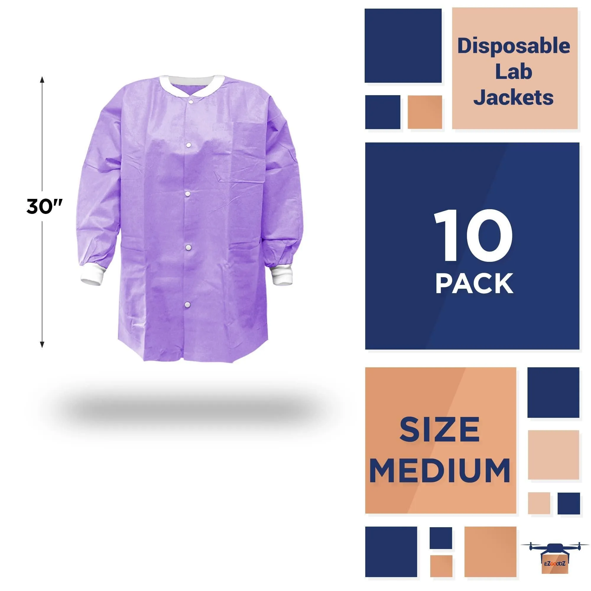 Disposable Lab Jackets 30” Long M Size Purple SMS Disposable Coats 10 Pack PPE