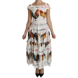 Dolce & Gabbana Elegant White Rooster Print Sheath Midi Dress