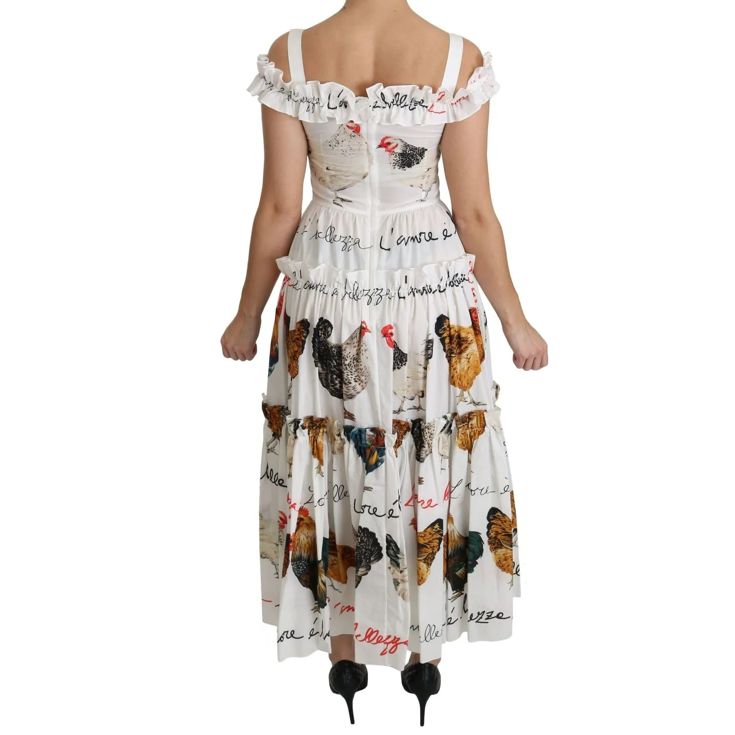 Dolce & Gabbana Elegant White Rooster Print Sheath Midi Dress