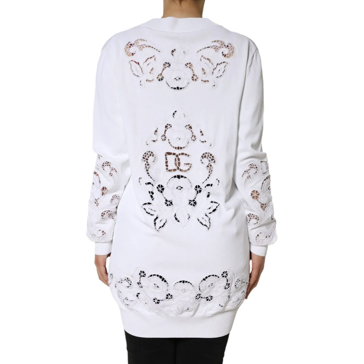 Dolce & Gabbana White Viscose Floral Cut Out Cardigan Sweater