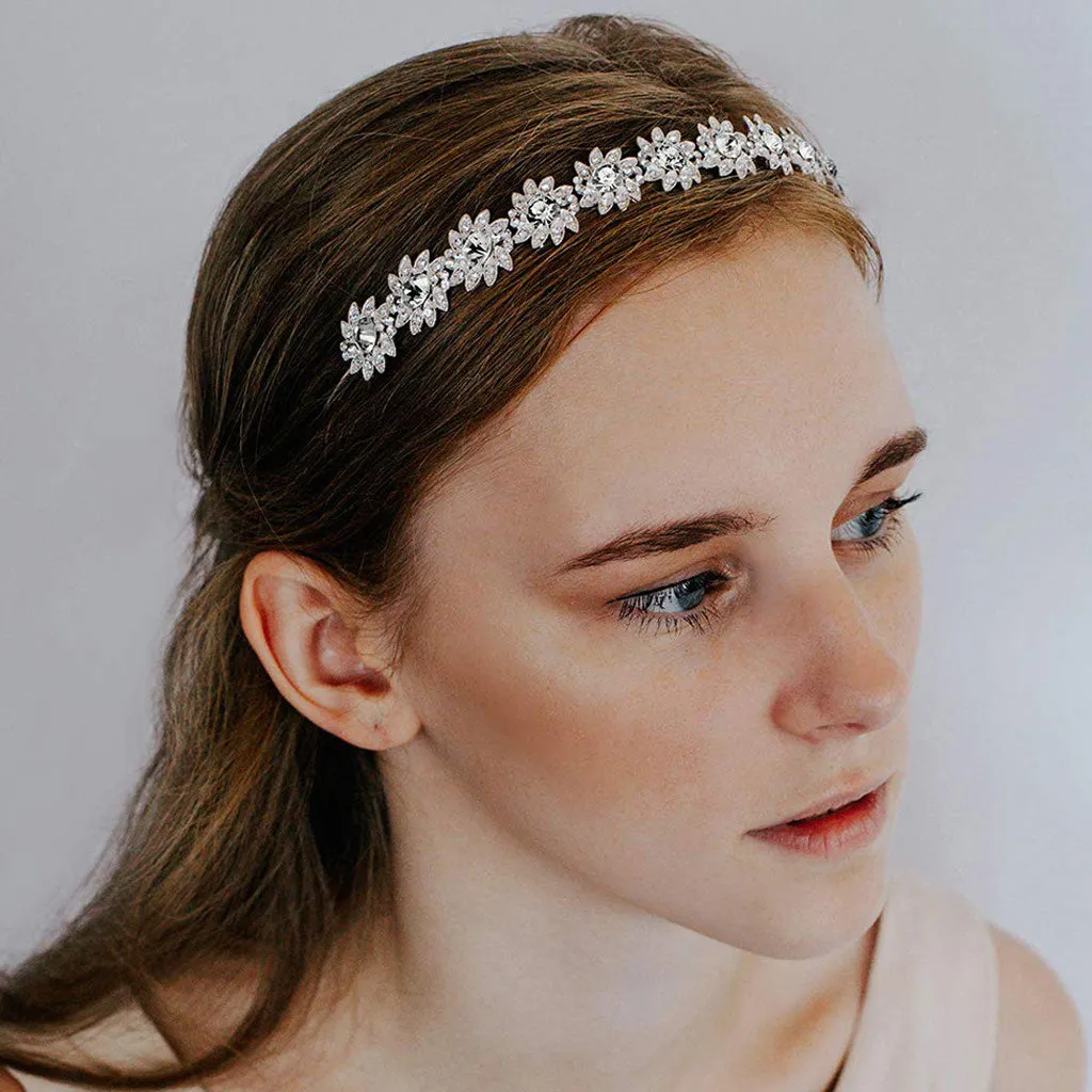 Elegant Sunburst Bloom Crystal Rhinestone Embellished Headband - Silver