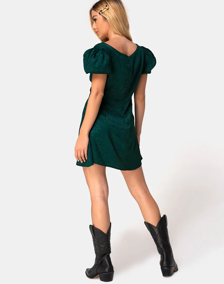 Elfy Mini Dress in Satin Cheetah Forest Green