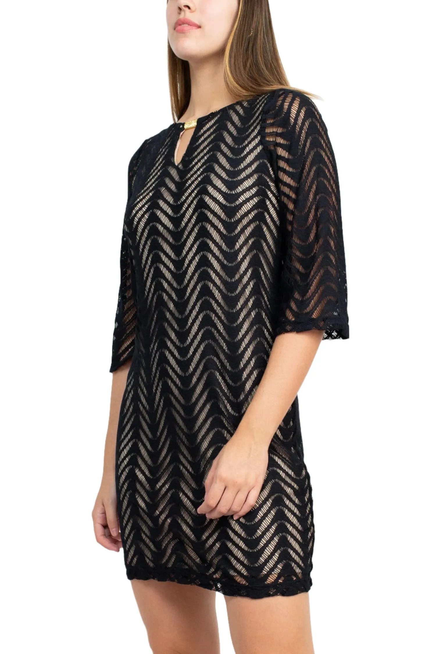 Emma & Michele Round Neck Keyhole Front 3/4 Sleeve Wave Pattern Knit Dress