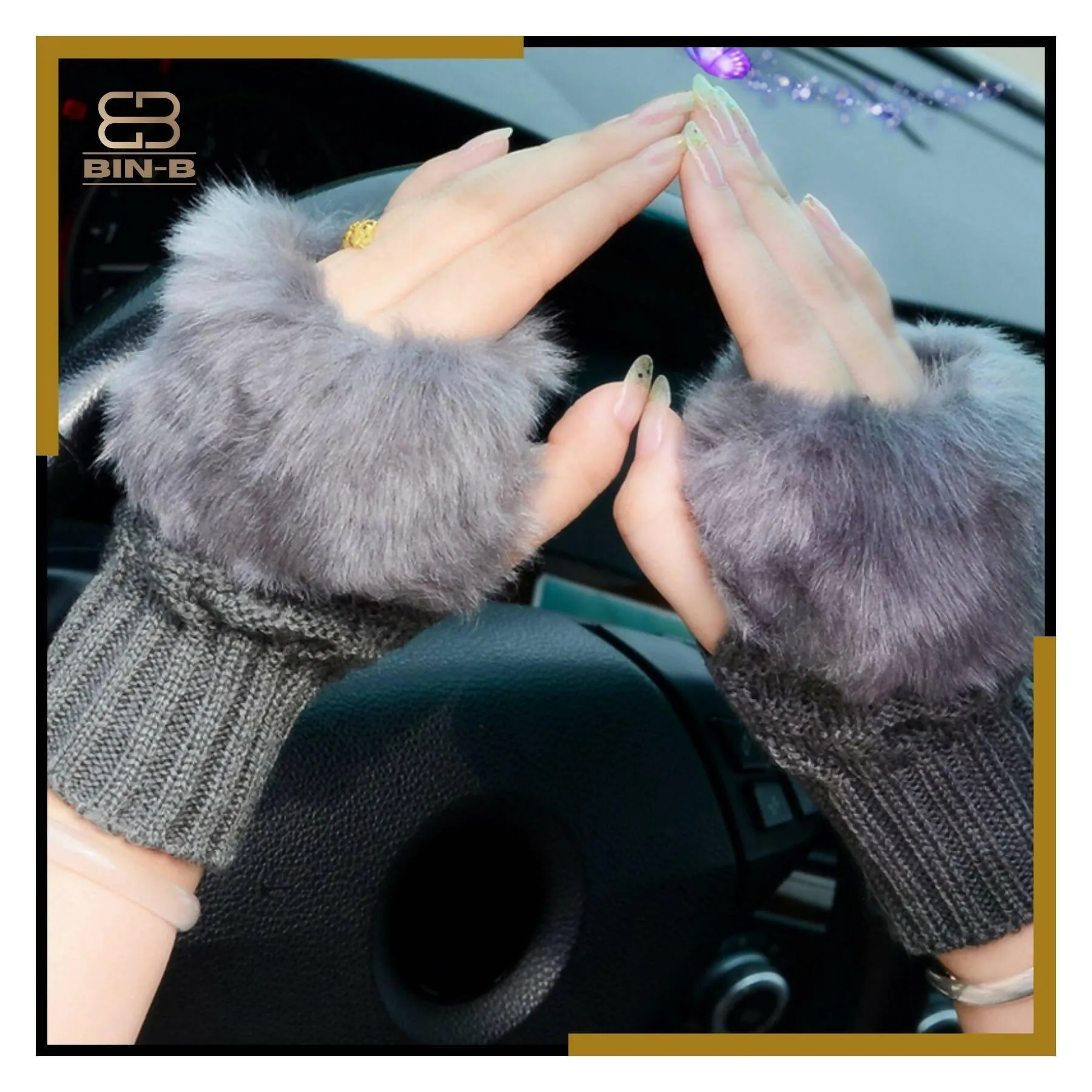 Fashion Women Faux Rebbit Fur Hand Wrist Warmer Winter Fingerless Knitted Gloves