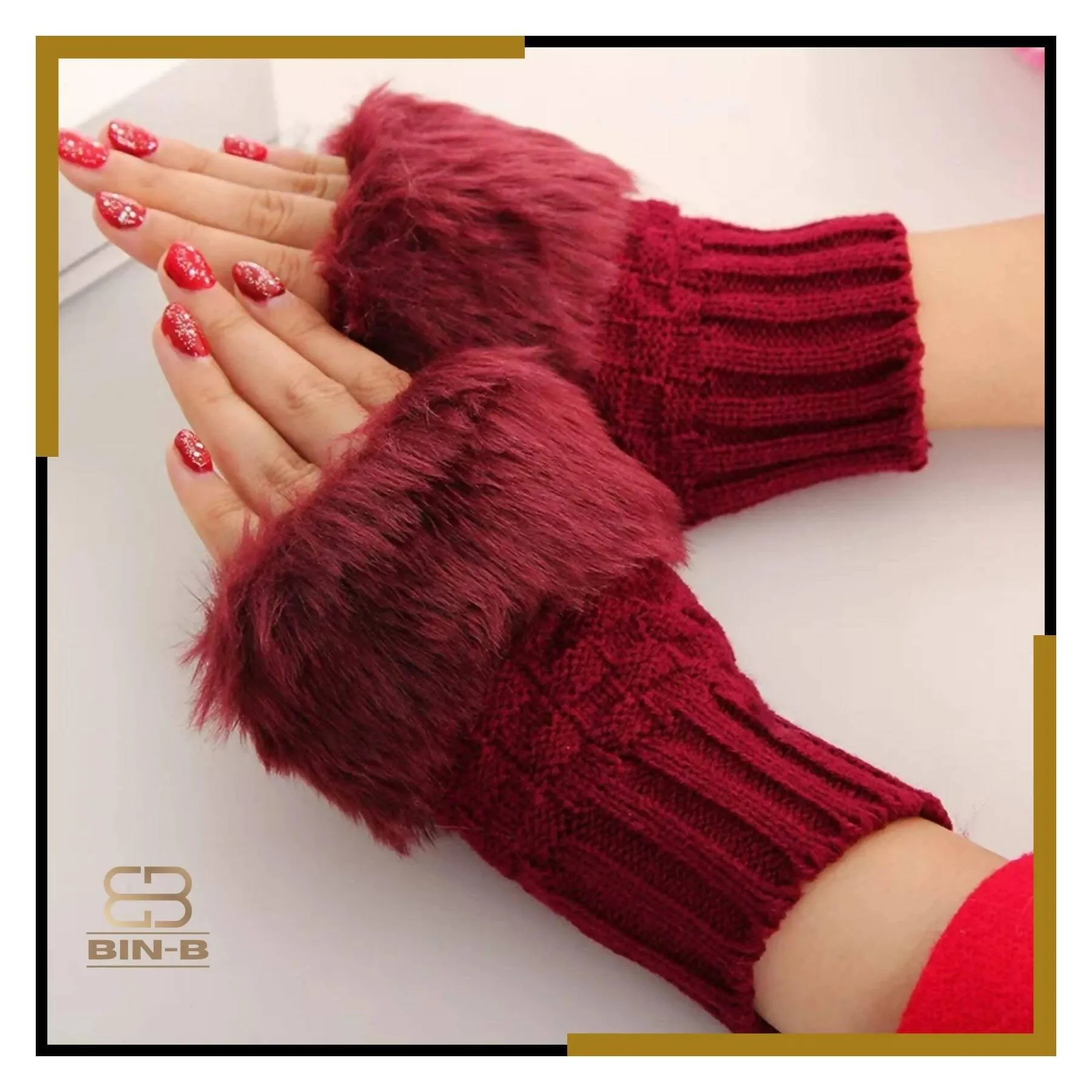 Fashion Women Faux Rebbit Fur Hand Wrist Warmer Winter Fingerless Knitted Gloves