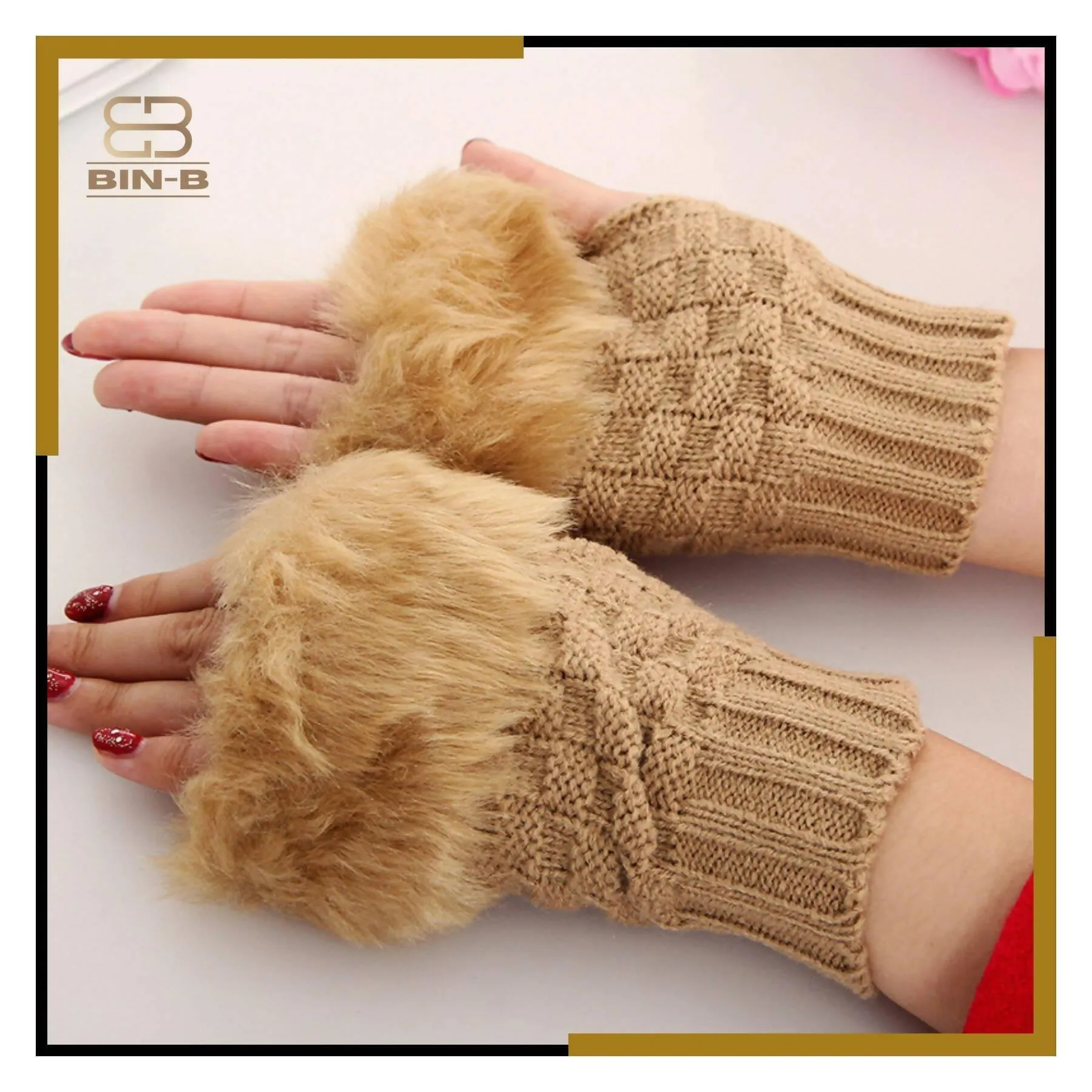 Fashion Women Faux Rebbit Fur Hand Wrist Warmer Winter Fingerless Knitted Gloves