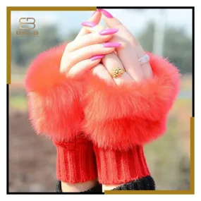 Fashion Women Faux Rebbit Fur Hand Wrist Warmer Winter Fingerless Knitted Gloves