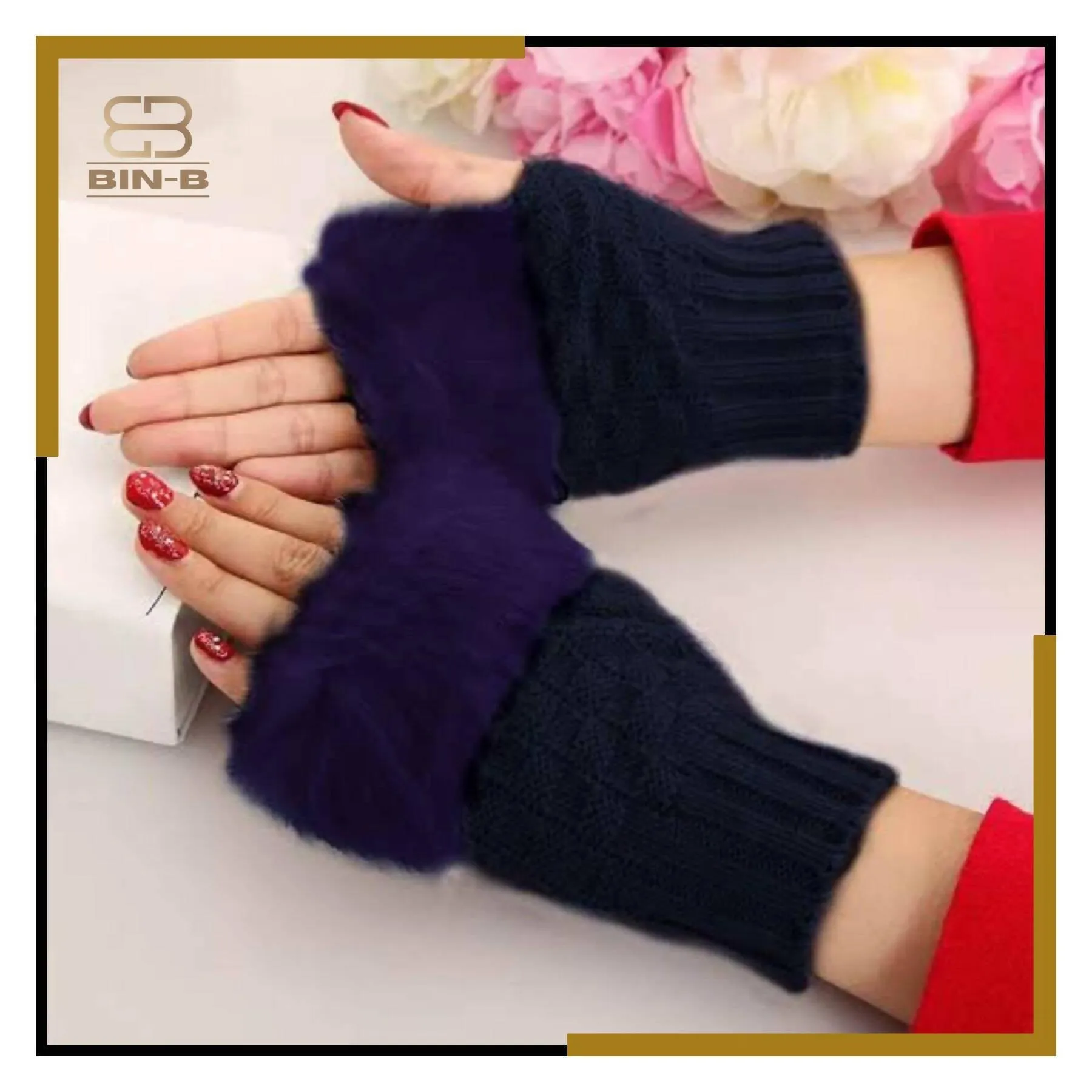 Fashion Women Faux Rebbit Fur Hand Wrist Warmer Winter Fingerless Knitted Gloves