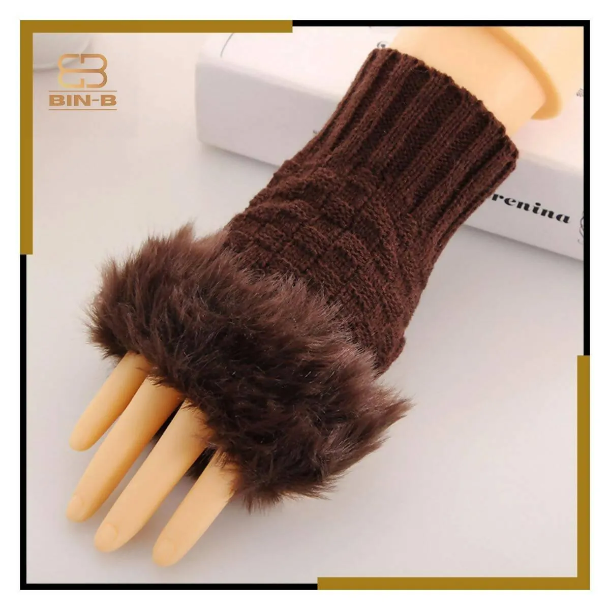 Fashion Women Faux Rebbit Fur Hand Wrist Warmer Winter Fingerless Knitted Gloves