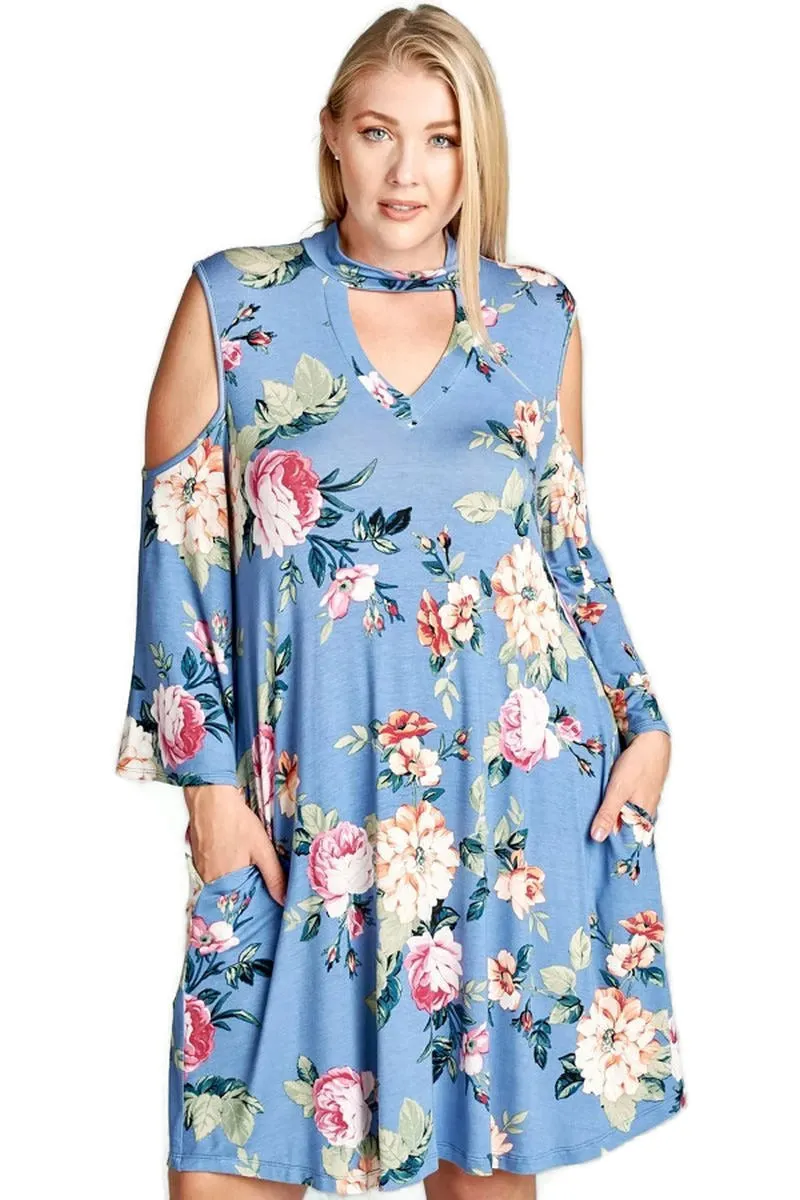 Floral Vibes Choker Swing Dress, Denim