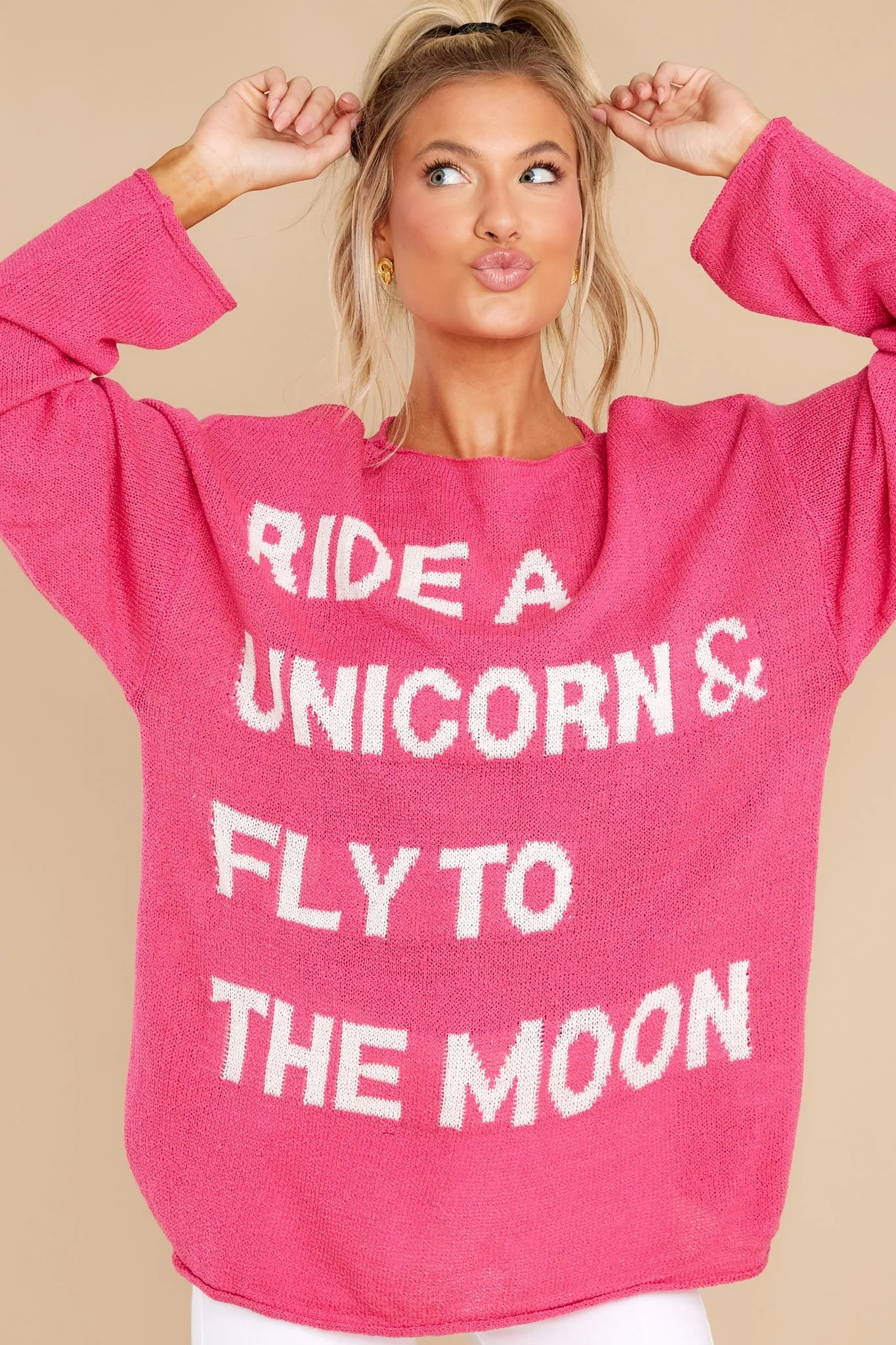 Fly To The Moon Hot Pink Sweater