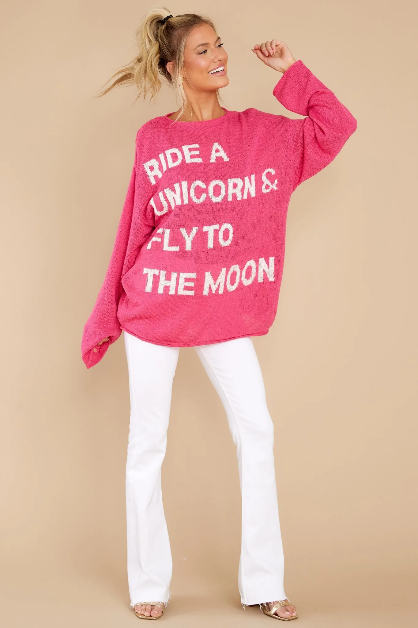 Fly To The Moon Hot Pink Sweater