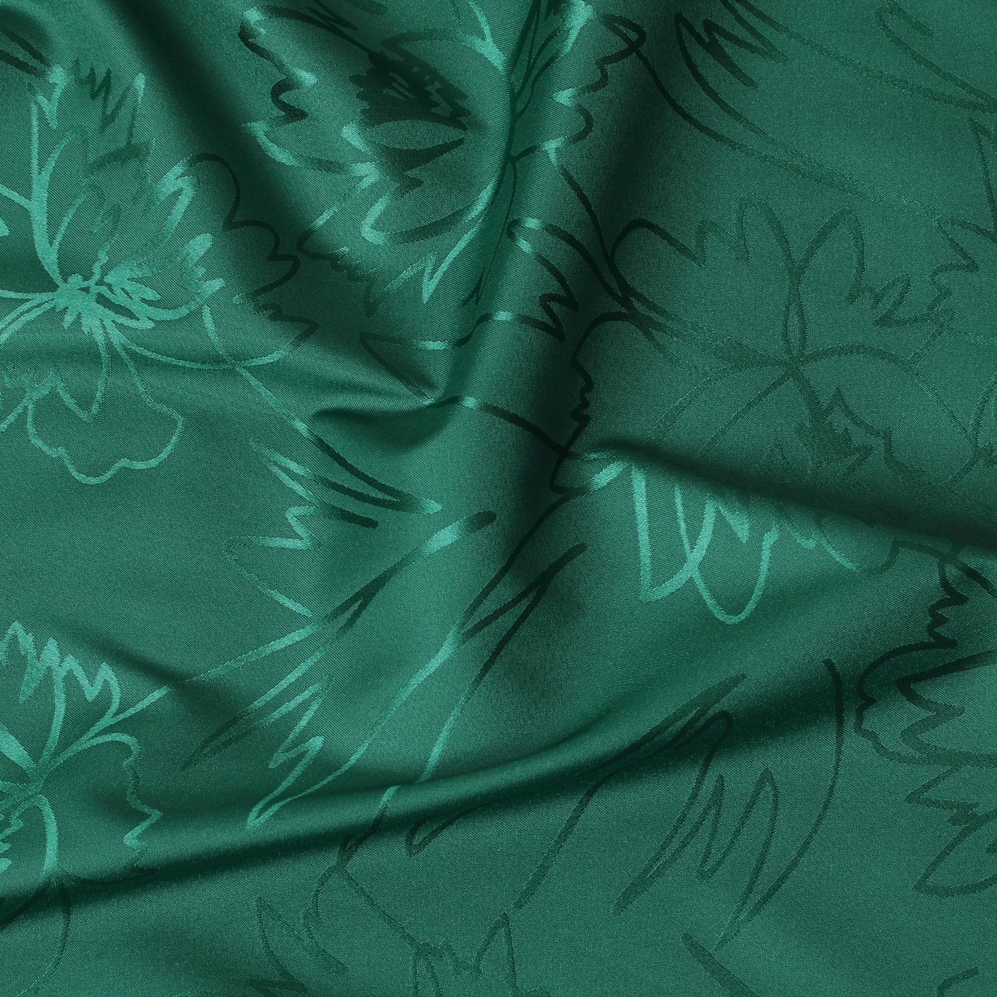 Forest green synthetic satin fabric with same tone jacquard in floral design-D15376