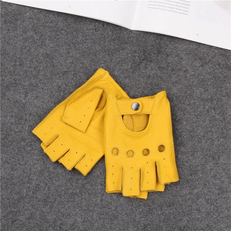 Genuine Leather Half Finger Gloves / Men Breathable Driving Semi-Finger Male Sheepskin Gloves