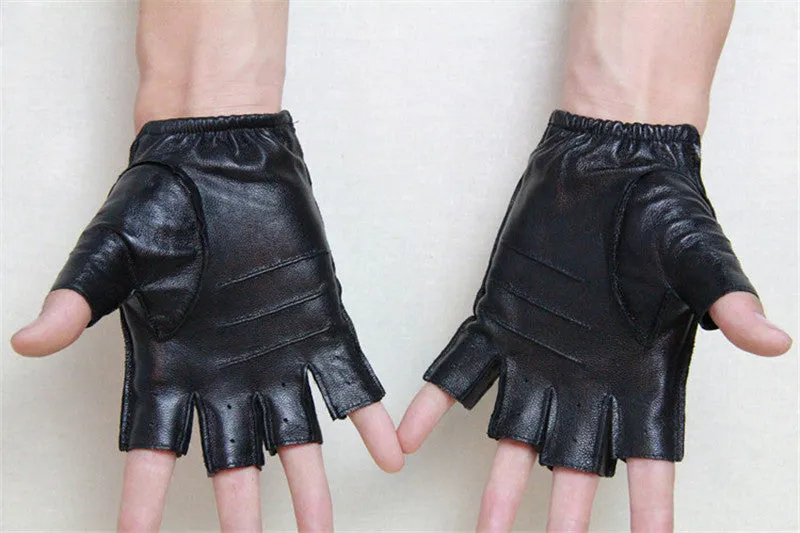 Genuine Leather Half Finger Gloves / Men Breathable Driving Semi-Finger Male Sheepskin Gloves