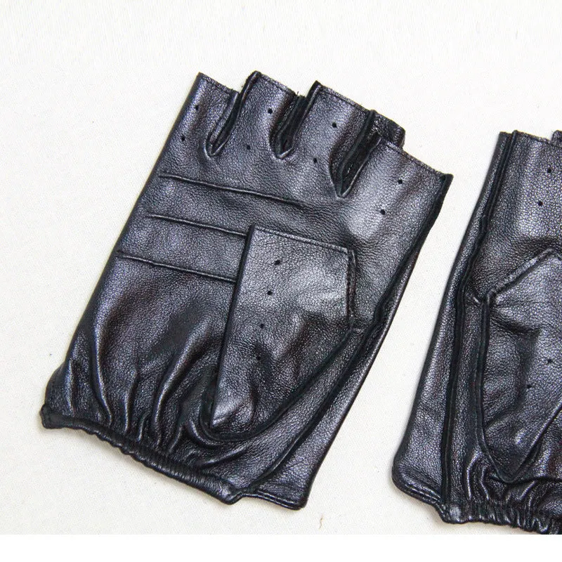 Genuine Leather Half Finger Gloves / Men Breathable Driving Semi-Finger Male Sheepskin Gloves