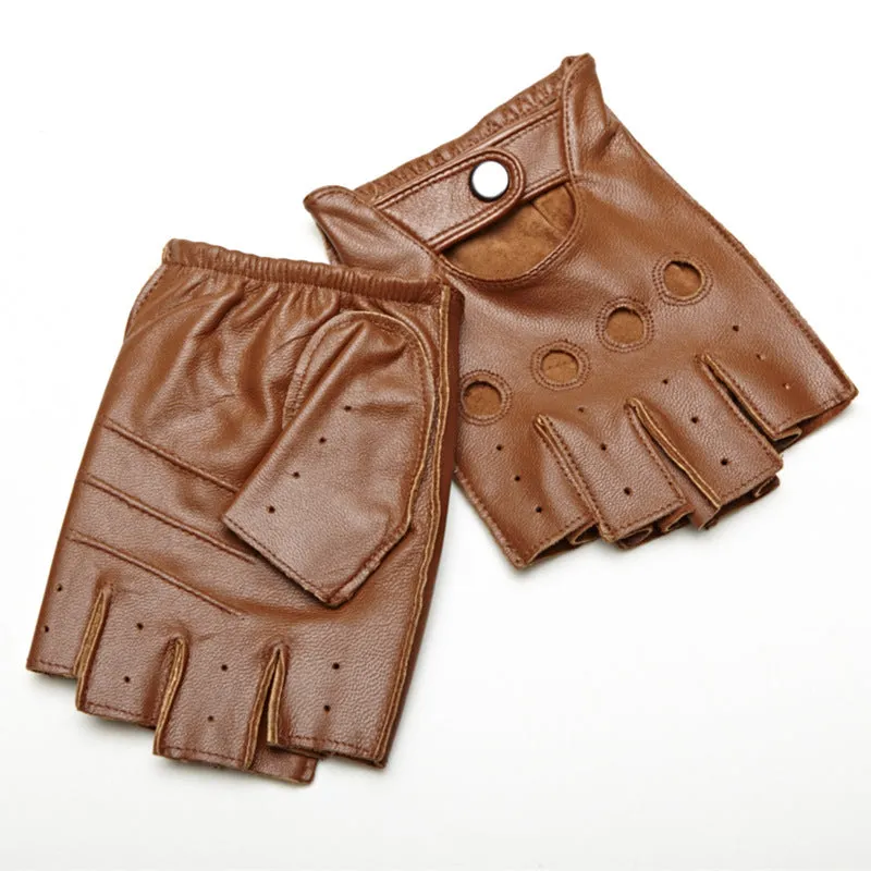 Genuine Leather Half Finger Gloves / Men Breathable Driving Semi-Finger Male Sheepskin Gloves