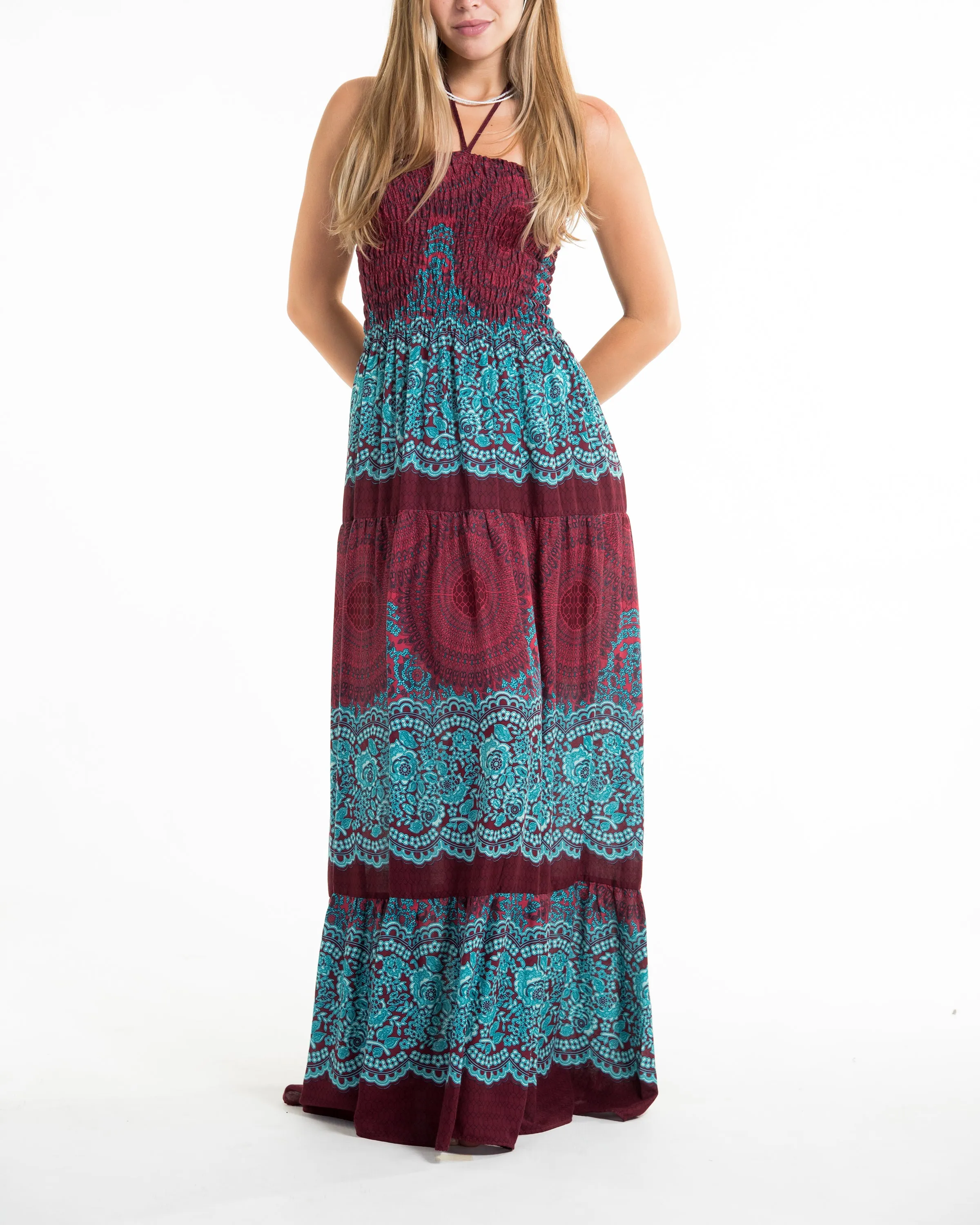 Geometric Mandalas Smocked Maxi Dress in Red