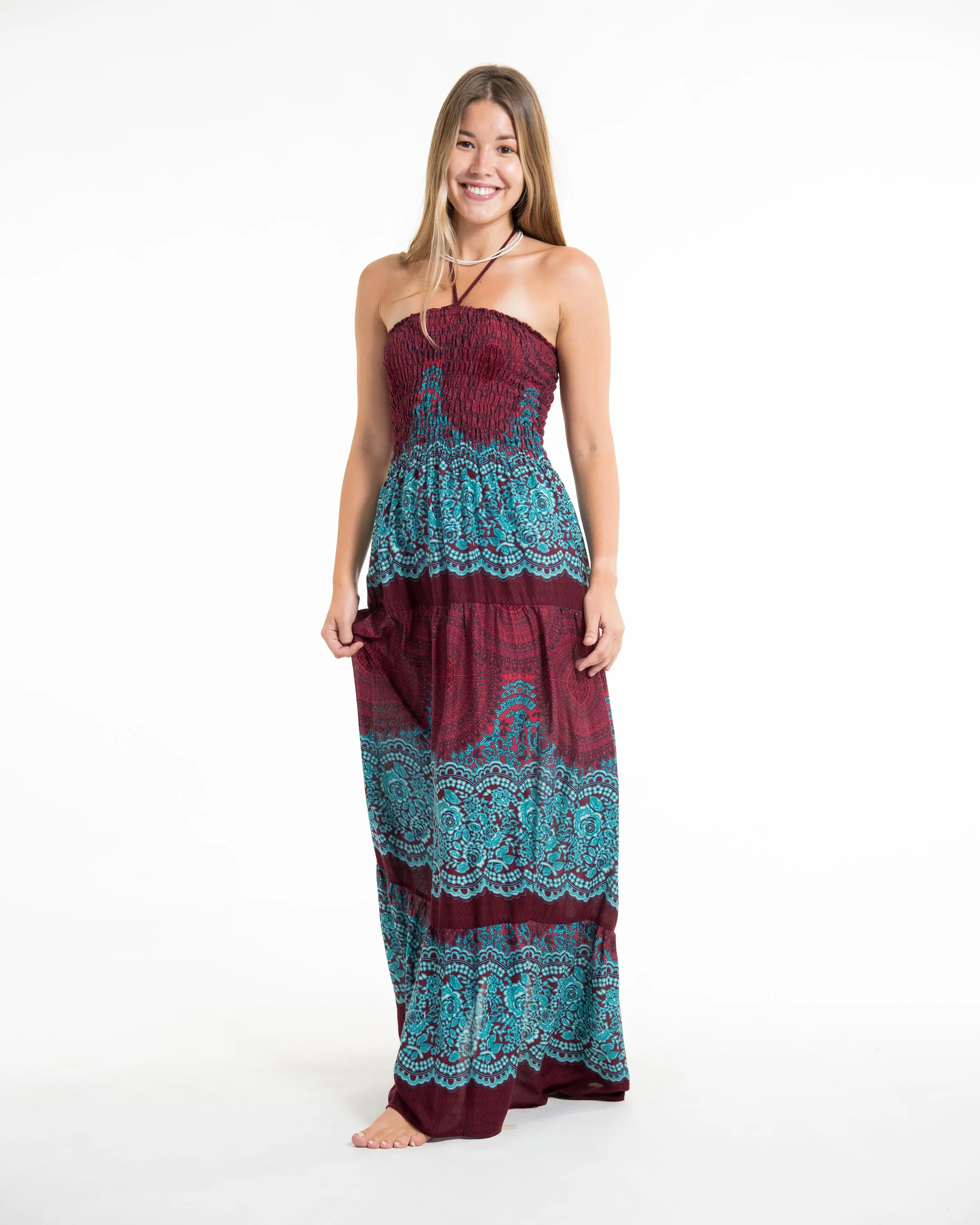 Geometric Mandalas Smocked Maxi Dress in Red