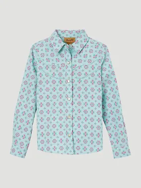 Girl's Wrangler Turquoise Print Long Sleeve Snap Shirt