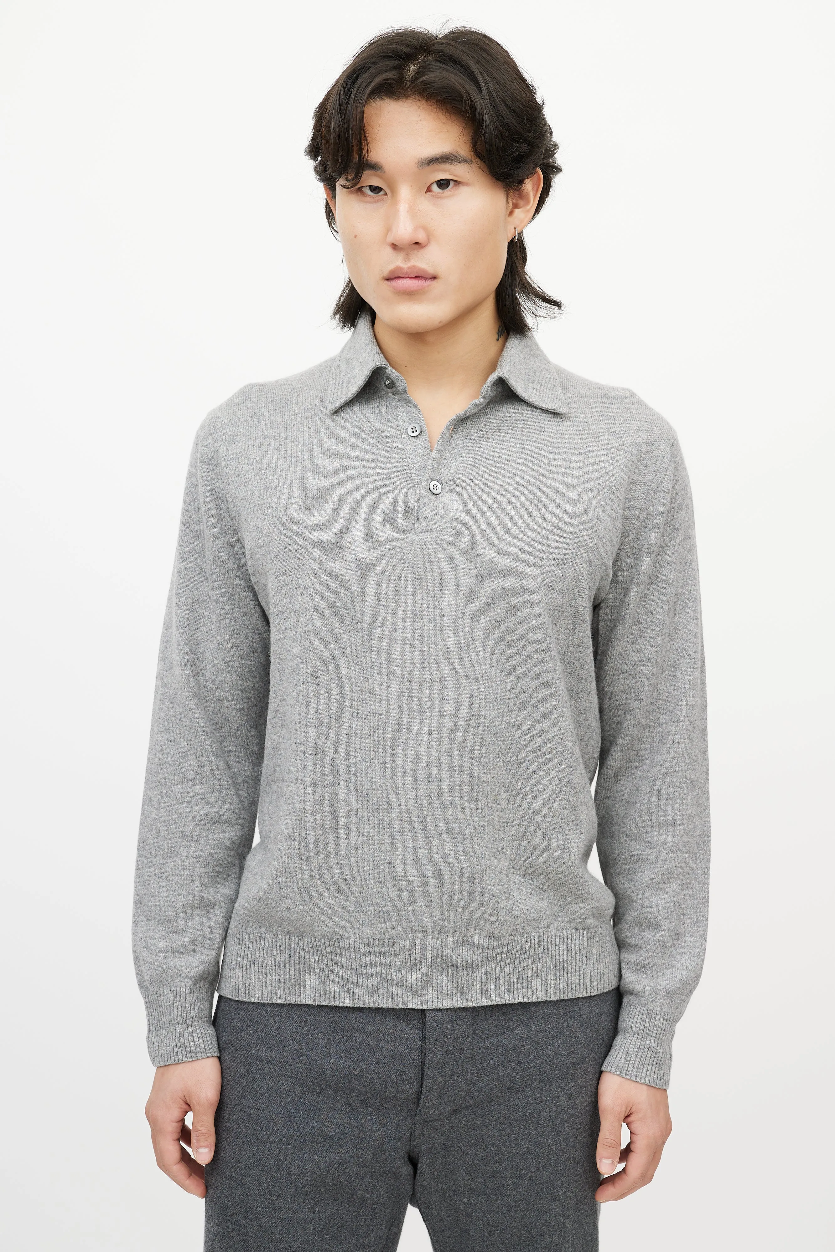 Grey Cashmere Long Sleeve Polo Sweater