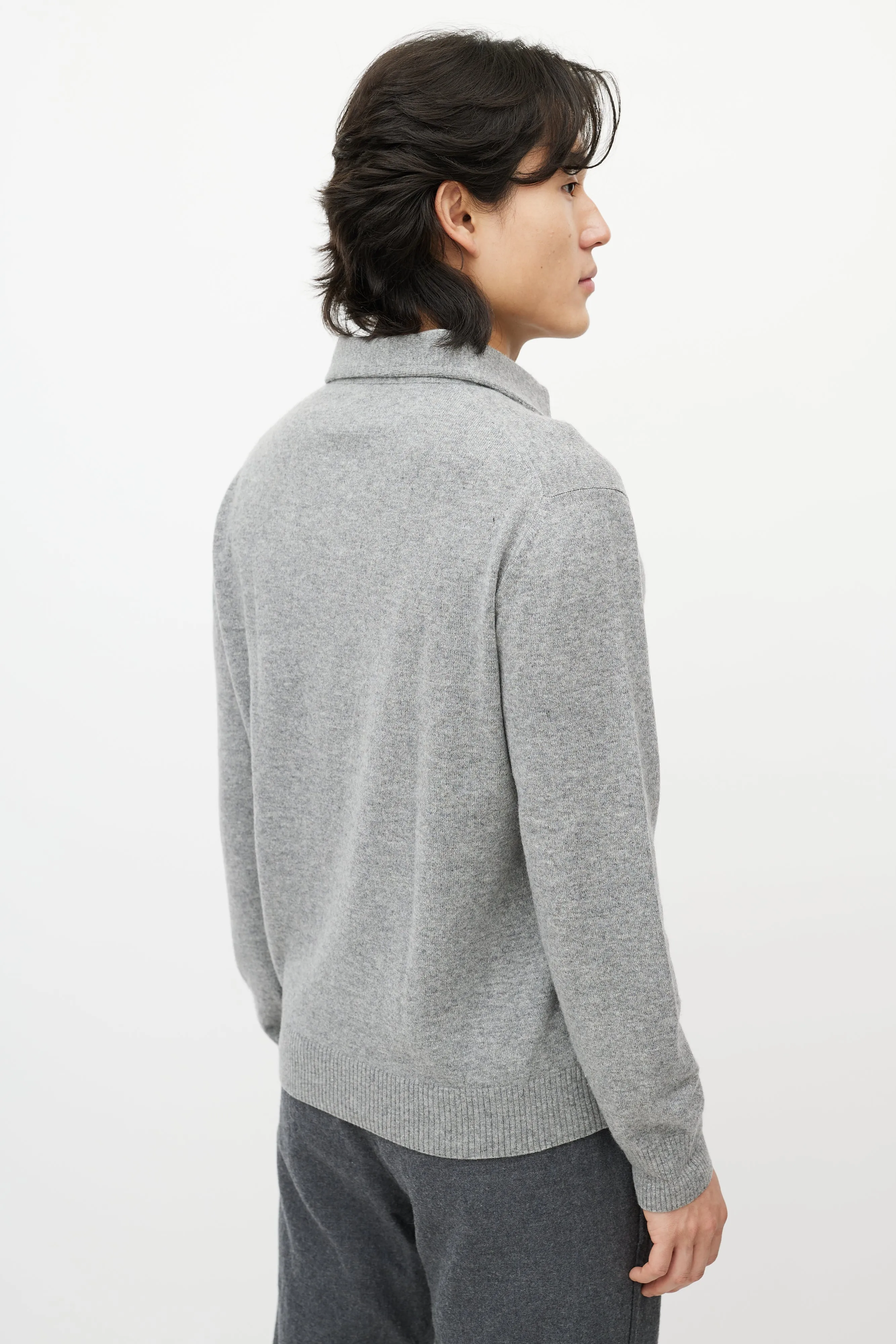 Grey Cashmere Long Sleeve Polo Sweater