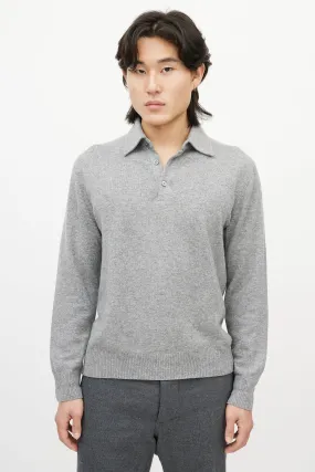 Grey Cashmere Long Sleeve Polo Sweater