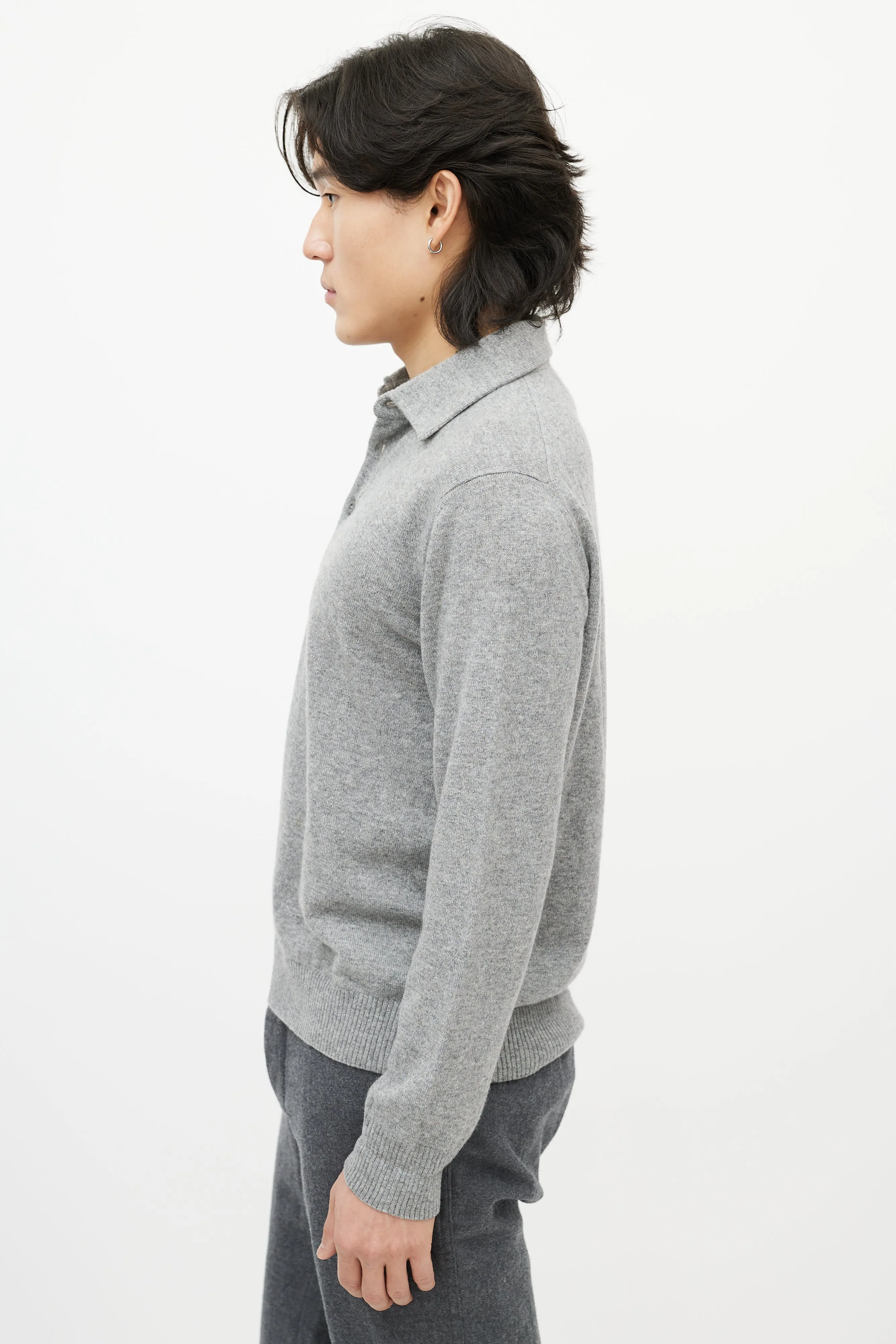 Grey Cashmere Long Sleeve Polo Sweater