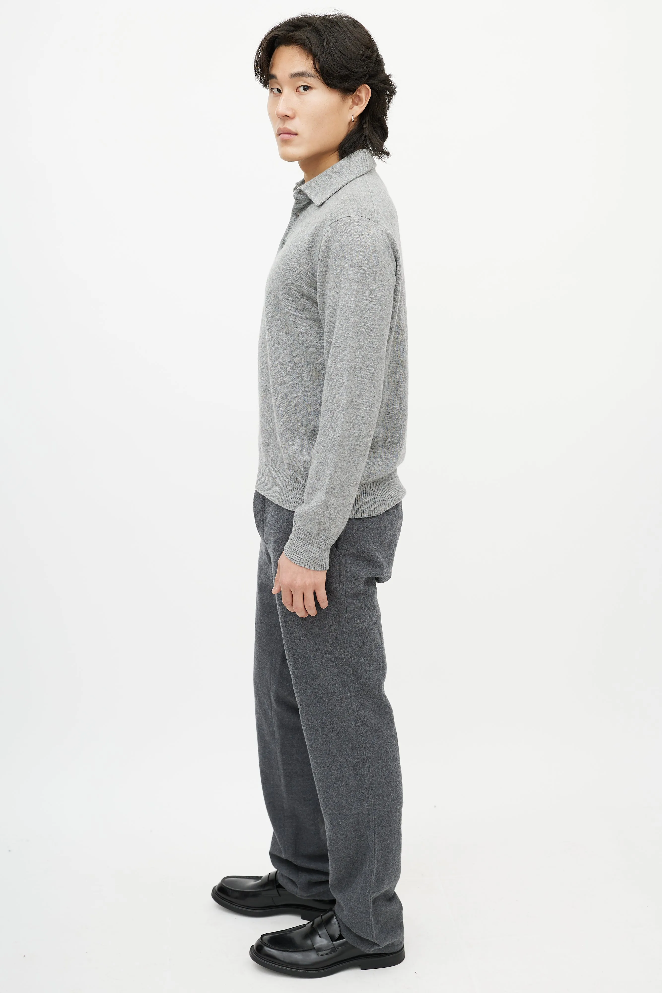 Grey Cashmere Long Sleeve Polo Sweater