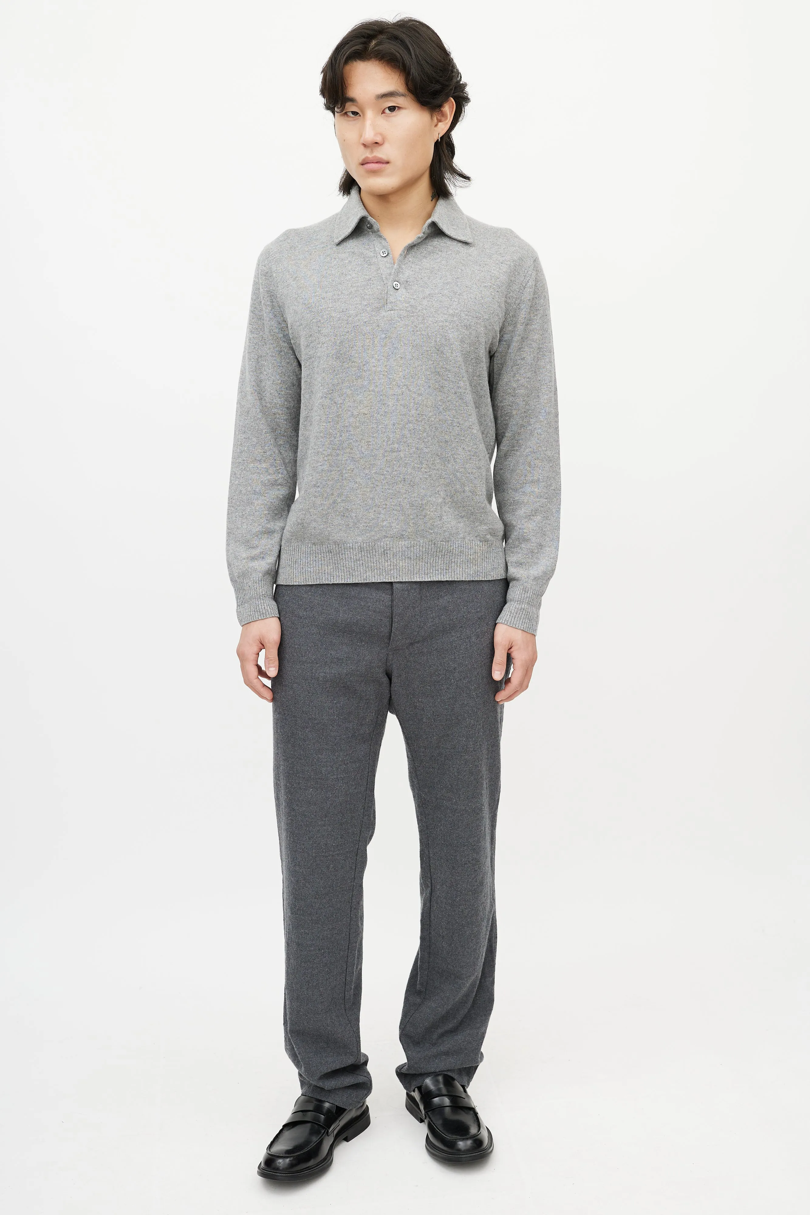 Grey Cashmere Long Sleeve Polo Sweater