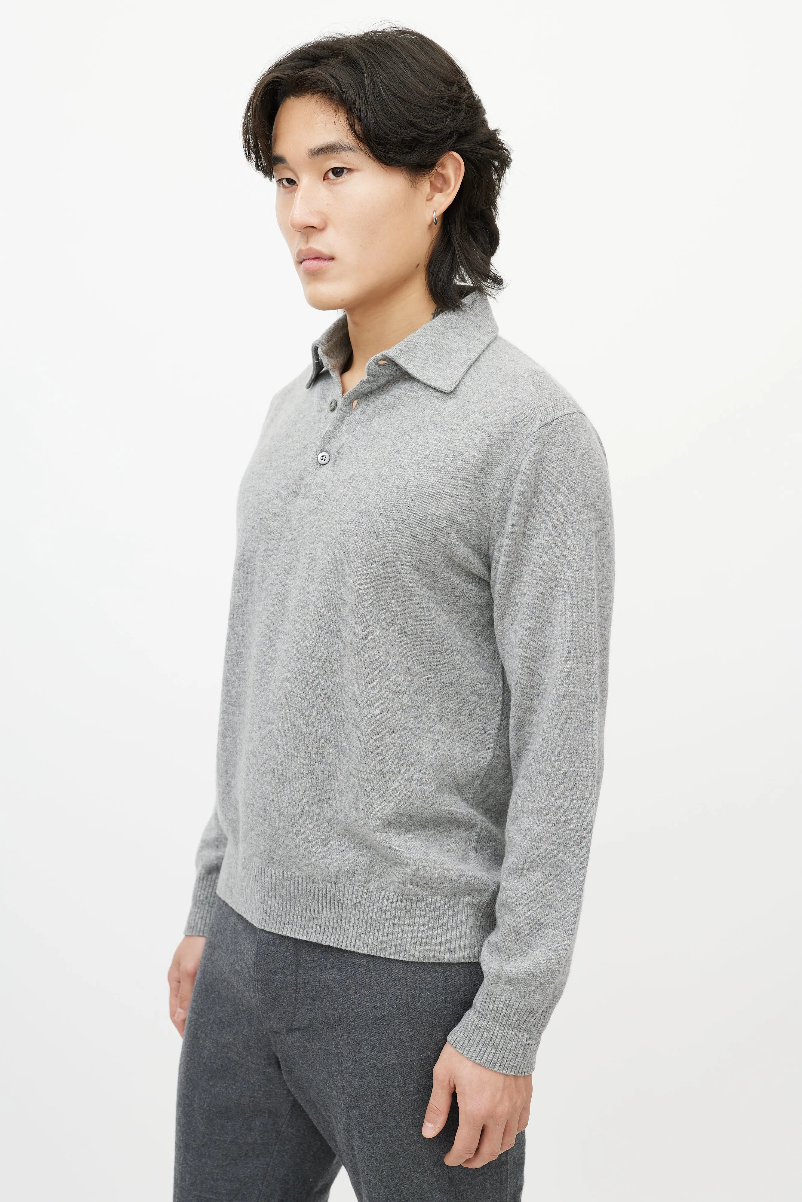 Grey Cashmere Long Sleeve Polo Sweater