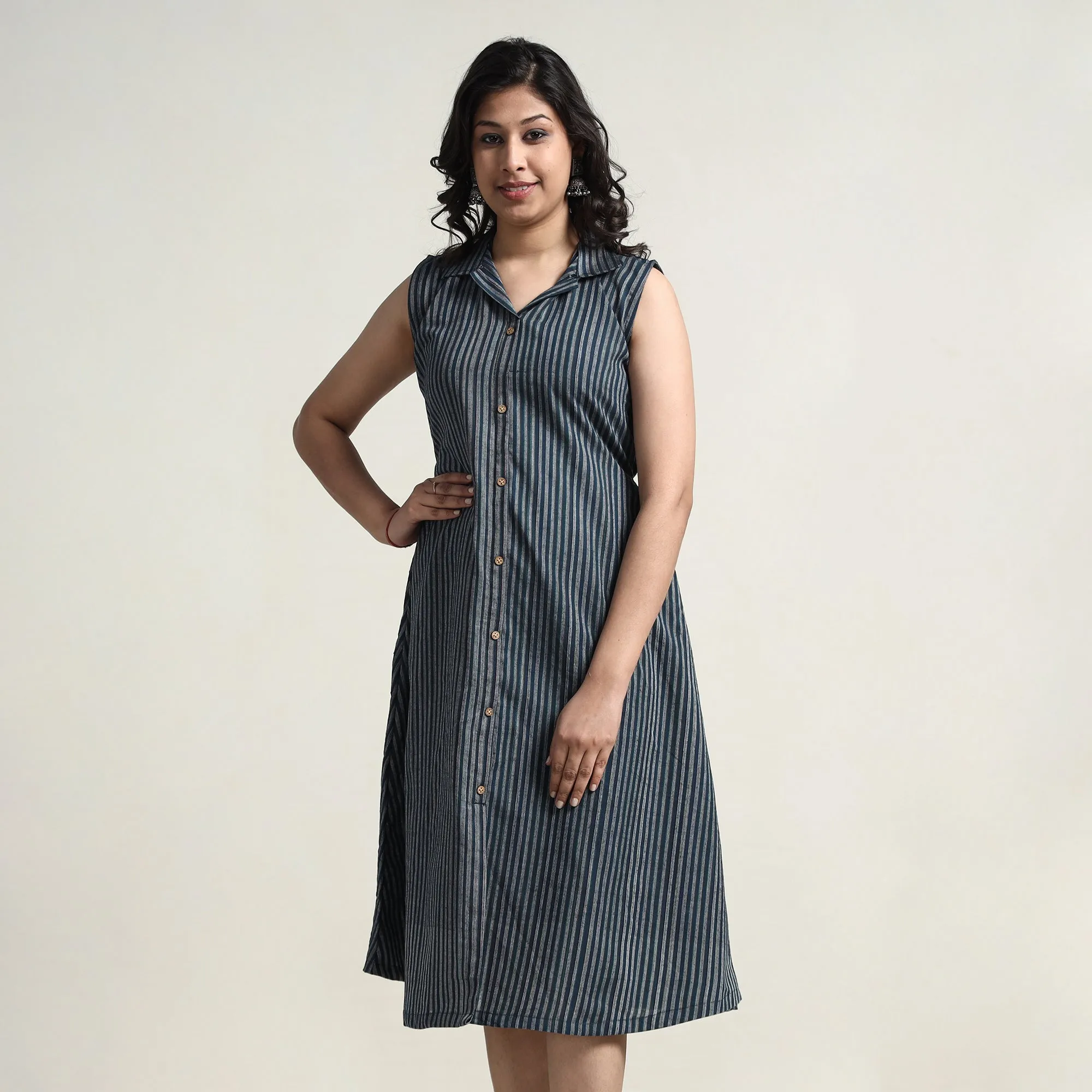 Grey - Plain Handloom Cotton Collared Neck Buttoned Down Dress