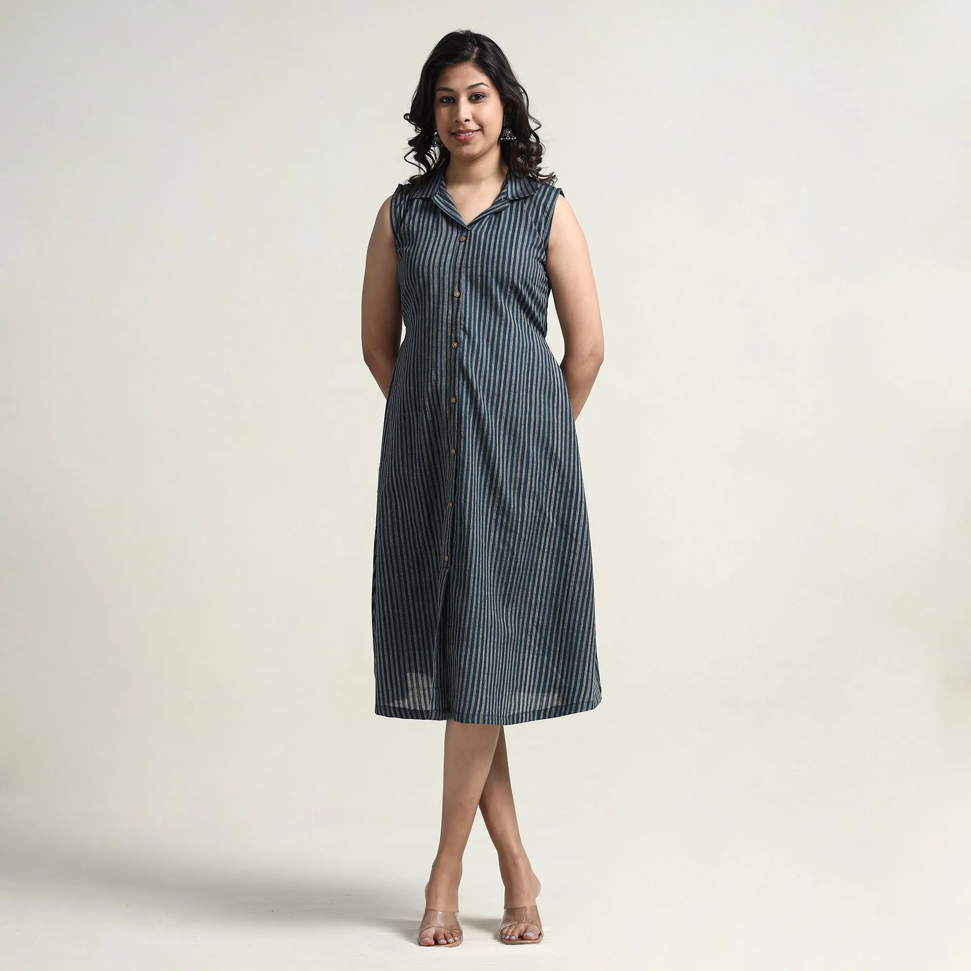 Grey - Plain Handloom Cotton Collared Neck Buttoned Down Dress