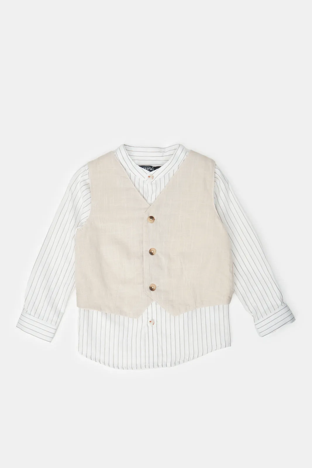 Infant Boys Beige Striped Shirt Set (2 Piece)