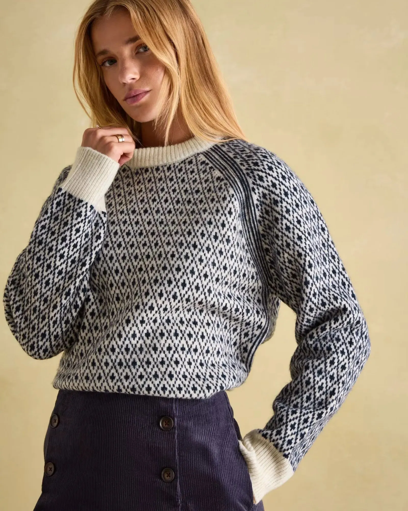 Ingrid Cream/Navy Patterned Jumper with Detachable Roll